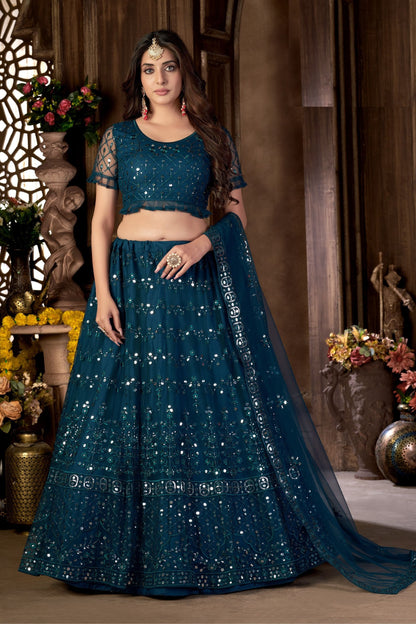 Blue Heavy Net Sequence Worked Wedding And Party Wear Lehenga Choli