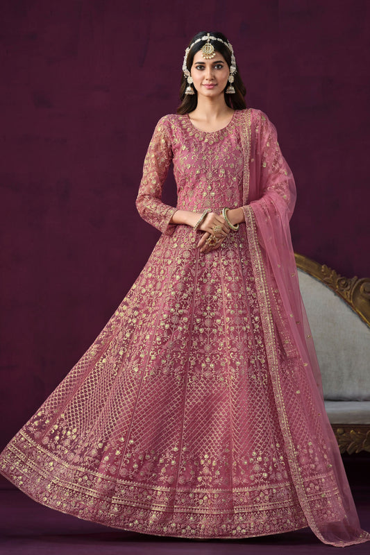 Pink Heavy Net Embroidery Worked For Indian Festival & Wedding Wear Anarkali Gown