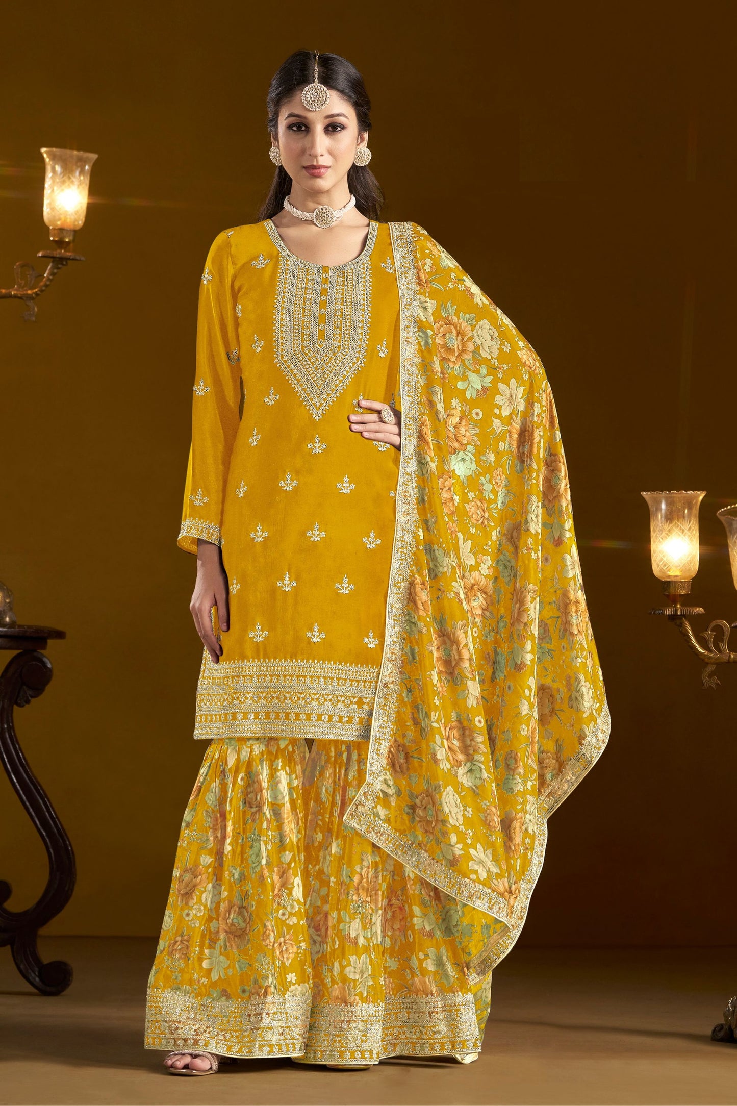 Yellow Heavy Chinon Embroidery & Printed Worked Wedding & Festival Wear Fancy Palazzo Suit