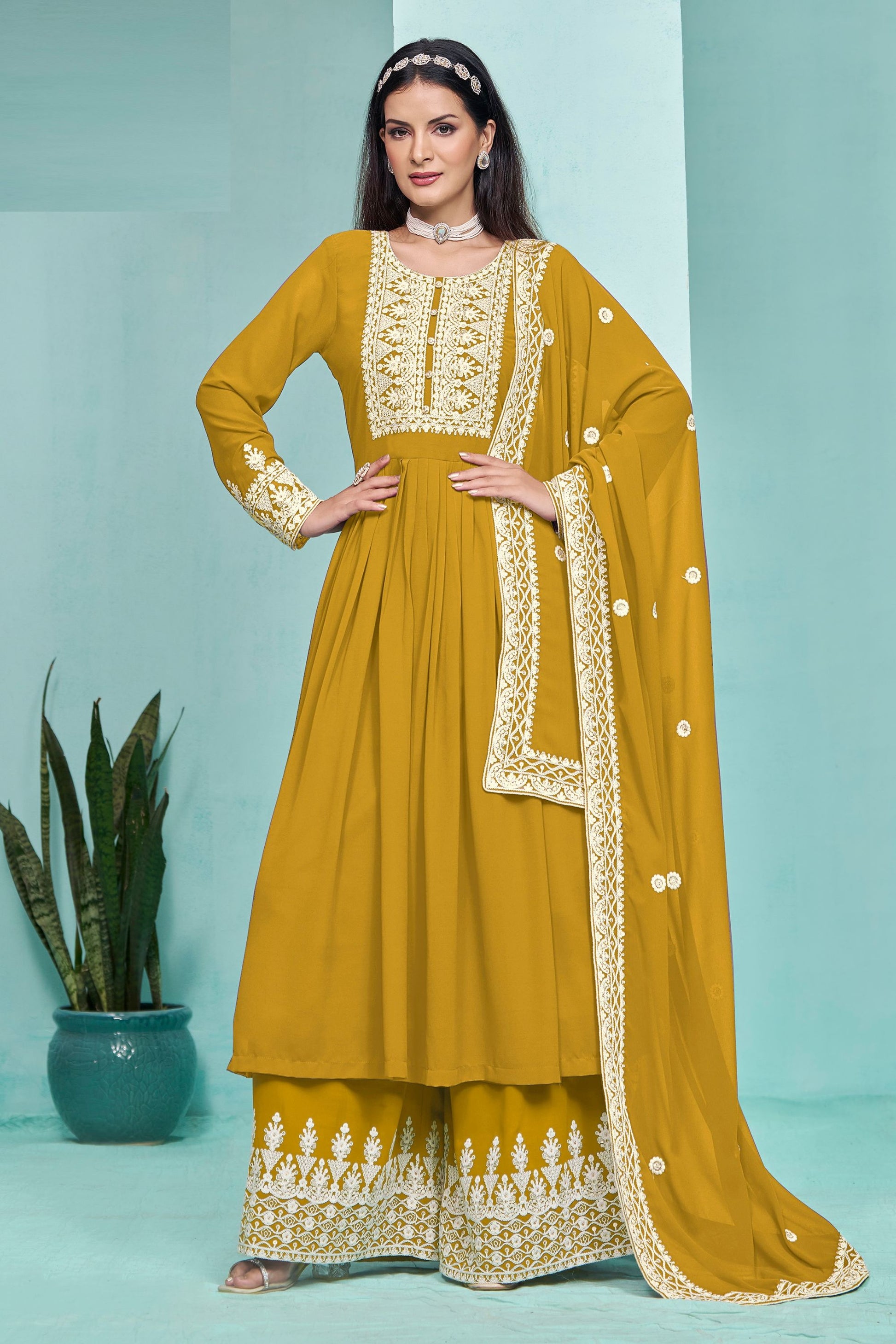 Yellow faux Georgette Thread & Embroidery Work For Indian Wedding Festival Wear Salwar Kameez - Marriott Fashion