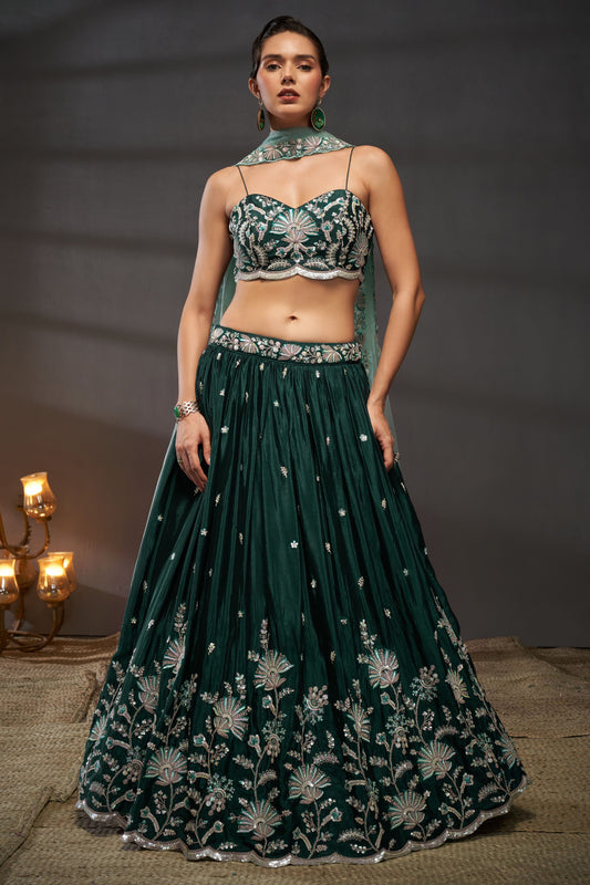 Green Heavy Chiffon Sequence Worked Wedding Function Wear Fancy Lehenga Choli