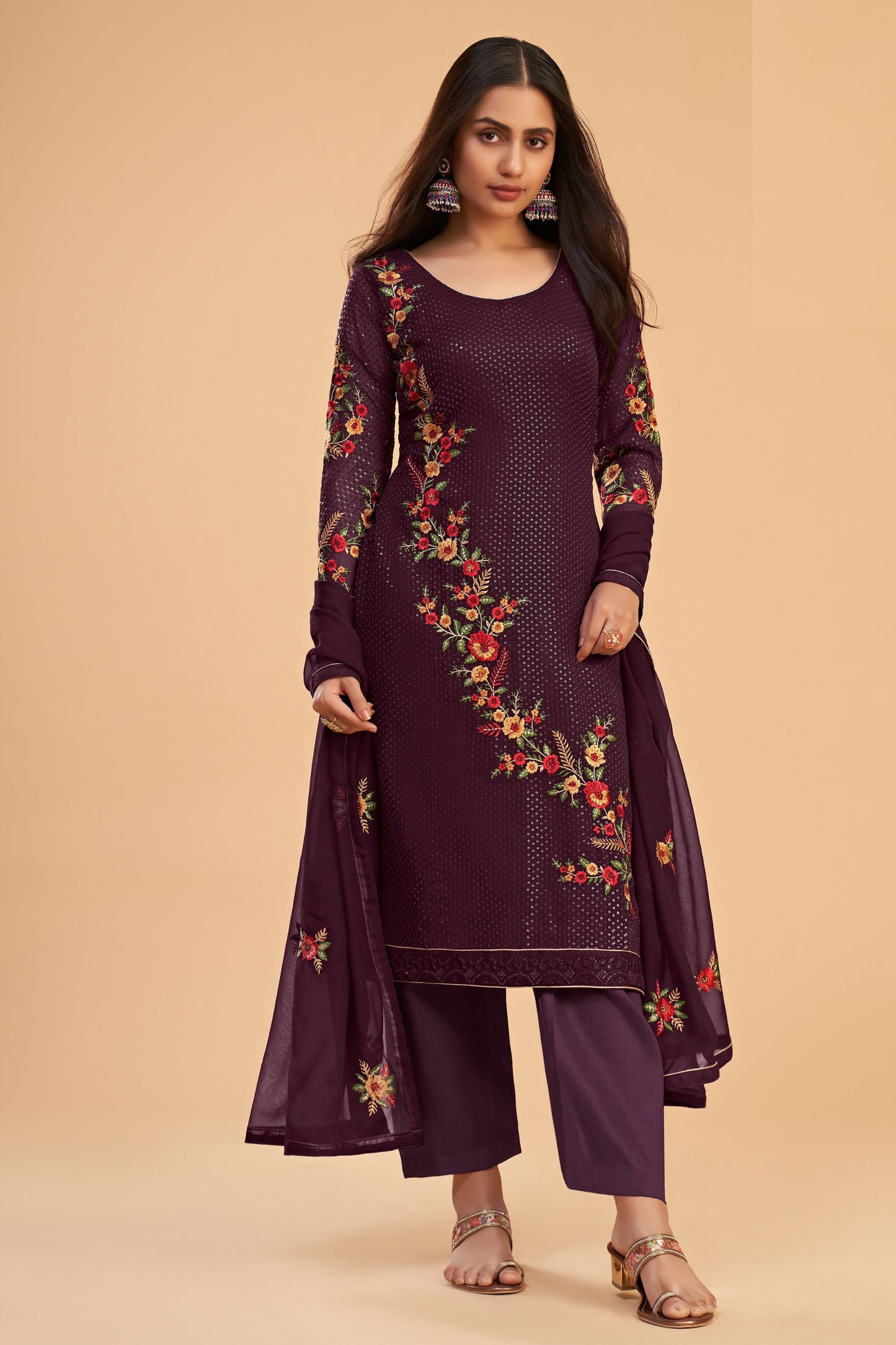 Wine Georgette Multi Thread Worked Festival Wear Salwar Kameez