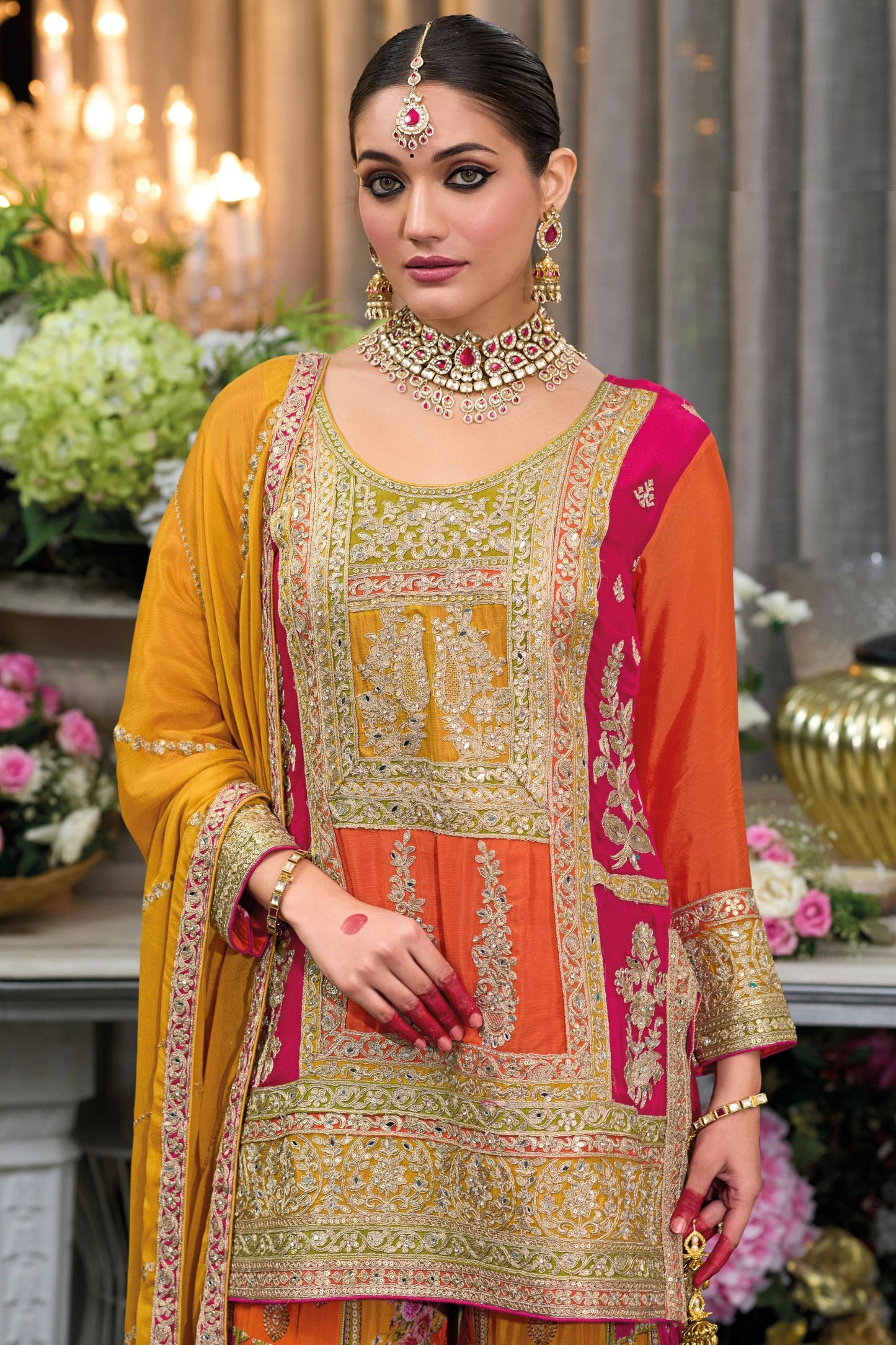 Orange Heavy Chinon Embroidered Pakistani Function Wear Palazzo Suits