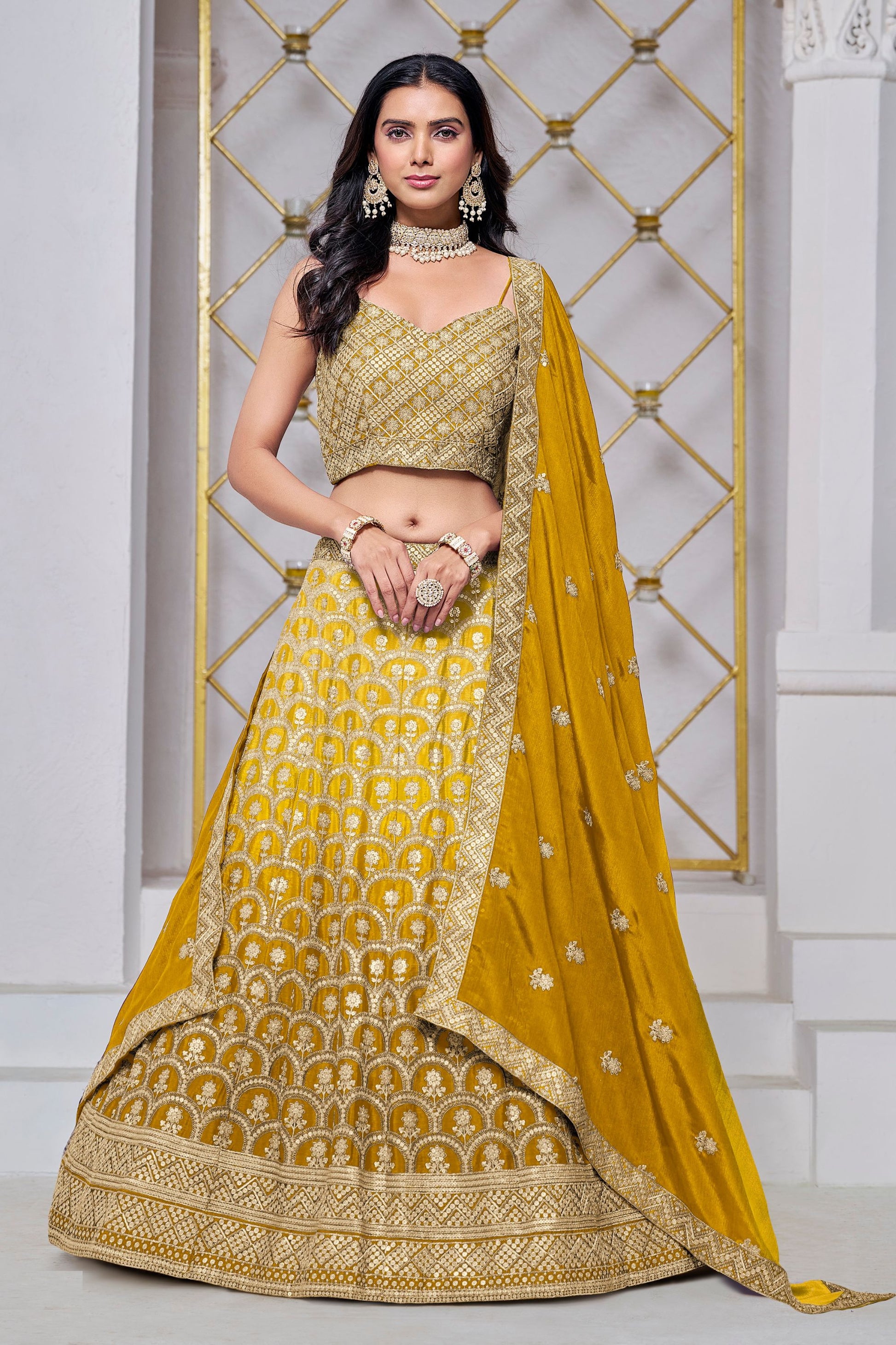 Yellow Colored Heavy Chinon Lehenga Choli With Embroidery & sequence Worked Dupatta - Marriott Fashion