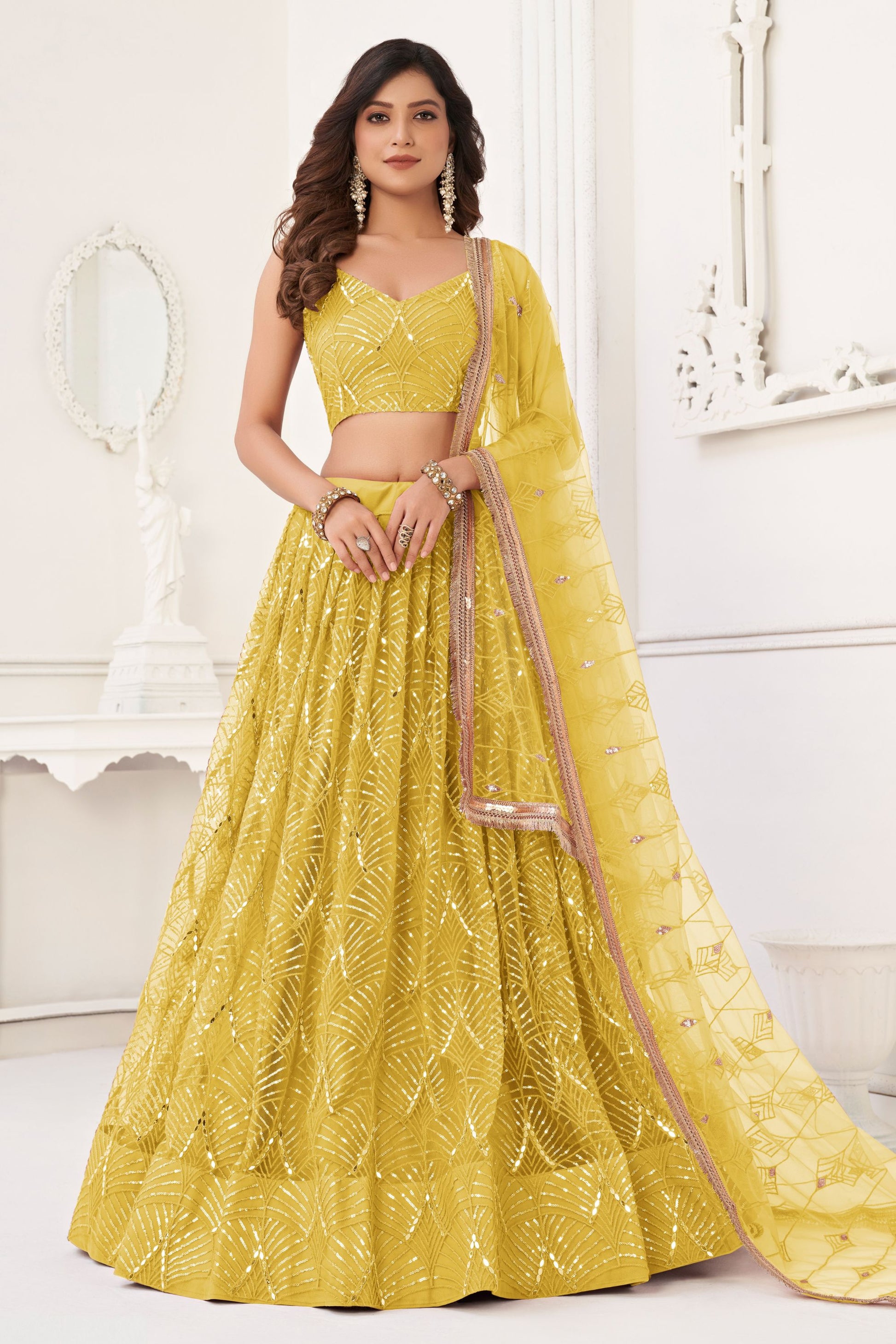 Yellow Butterfly Net Lehenga Choli With Designer Dupatta , Indian Wedding Wear Lehenga Choli - Marriott Fashion