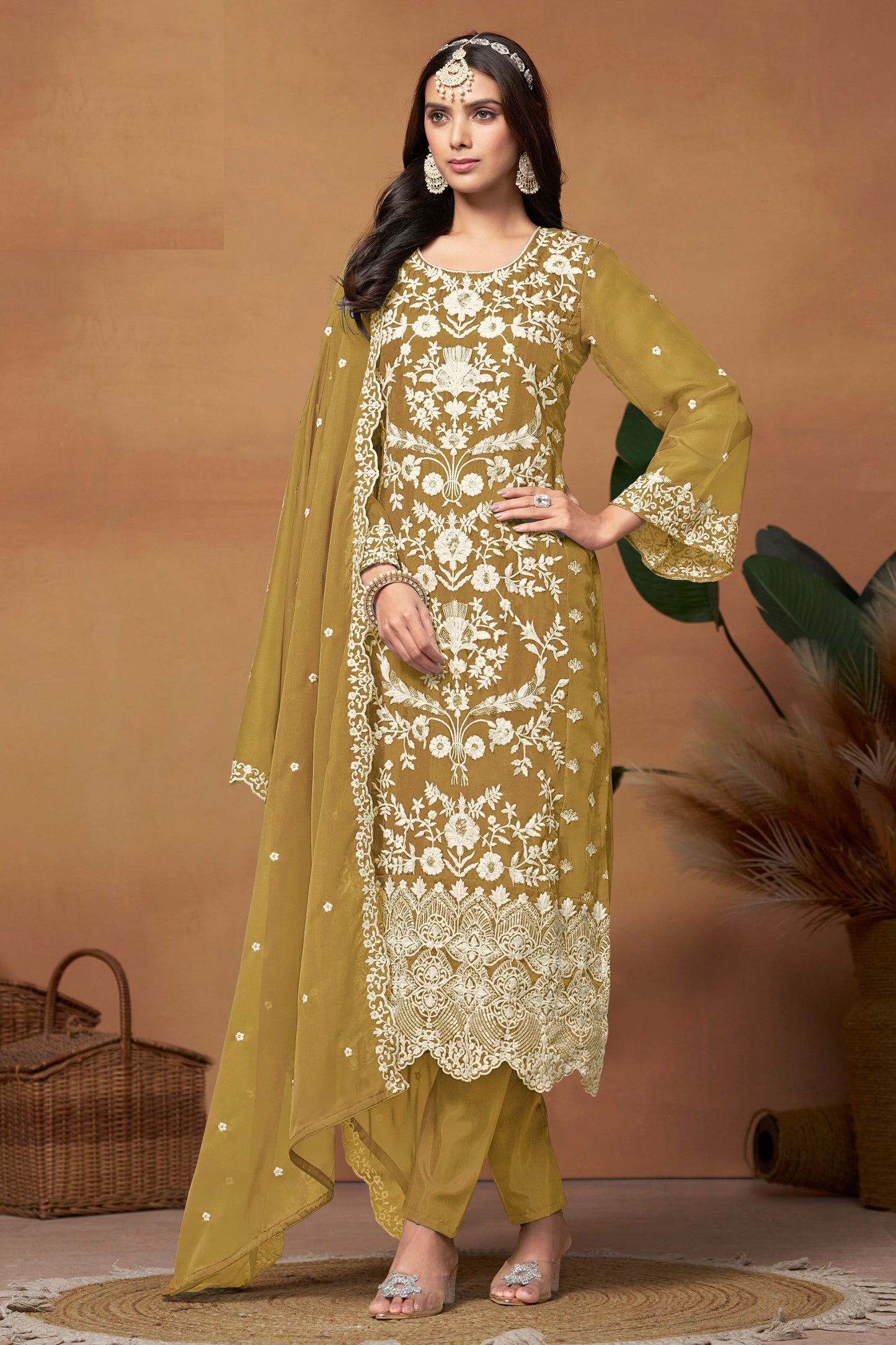 Mustard Colored Organza Salwar Suit With Beautiful Dupatta , Pakistani Festival Wear Straight Cut Salwar Kameez - Marriott Fashion