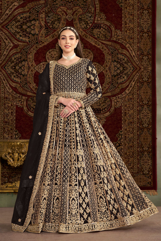 Black Heavy Net Wonderful Embroidery Worked Pakistani Wedding Wear Anarkali Gown