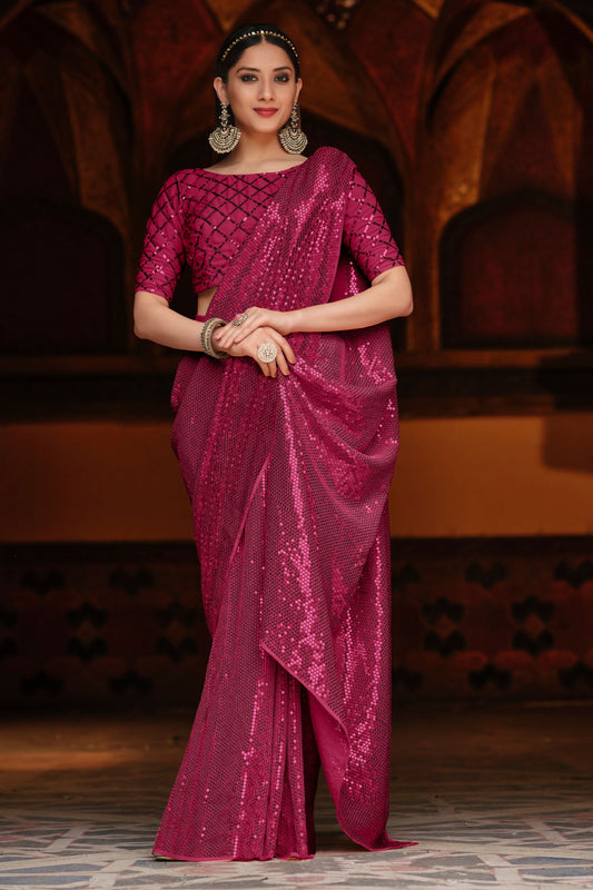 Pink Heavy Georgette Sequence Worked Party Wear Saree