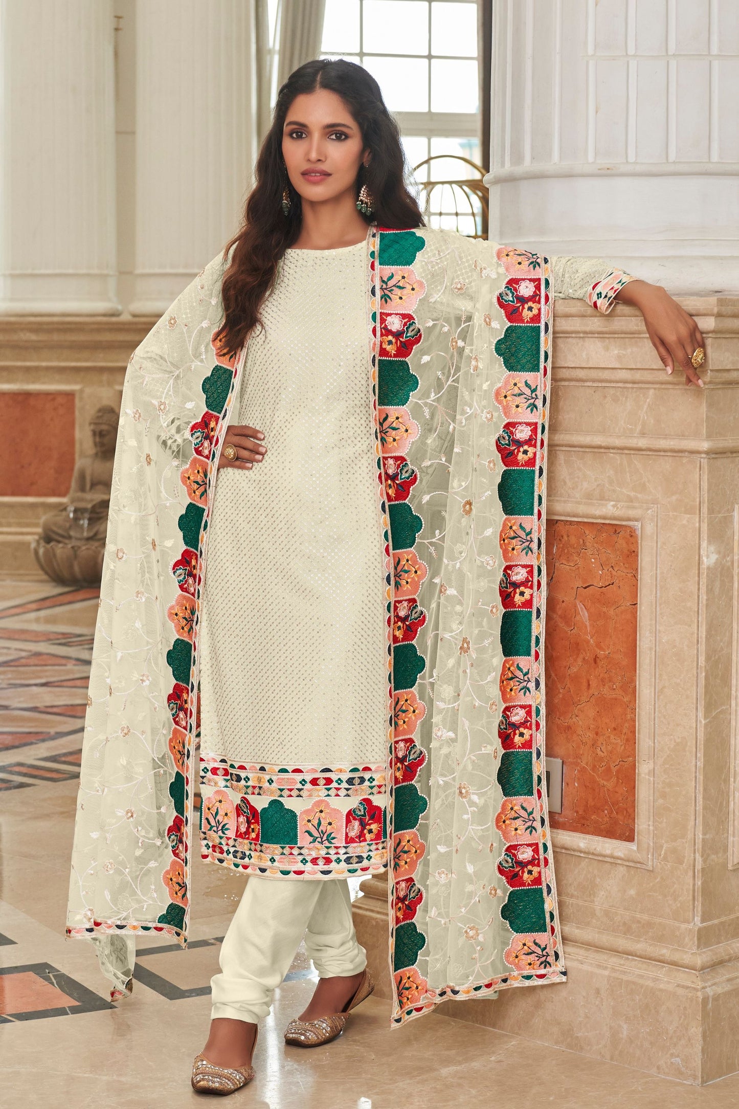 White Colored Festival Wear Real Georgette Salwar Suits With Net Dupatta - Marriott Fashion