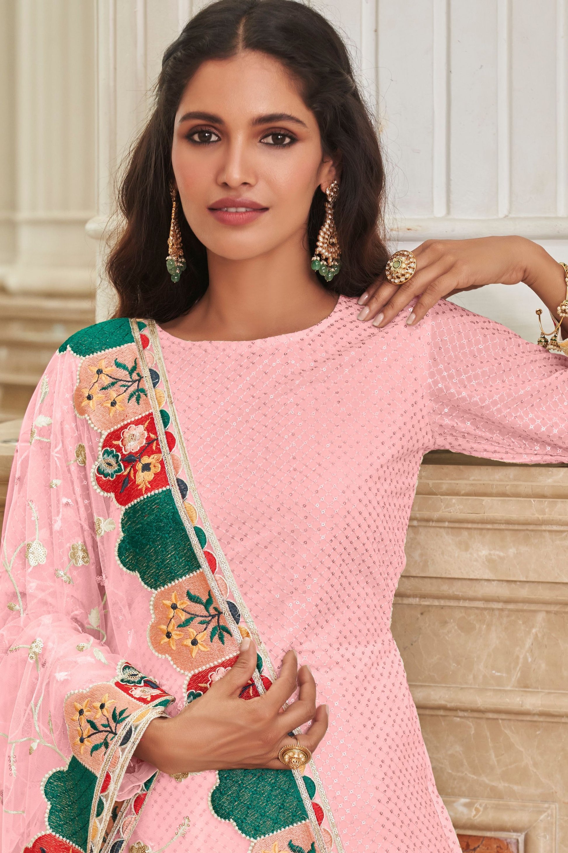 Pink Colored Heavy Georgette Straight Cut Salwar Suits With Embroidery Worked Dupatta - Marriott Fashion