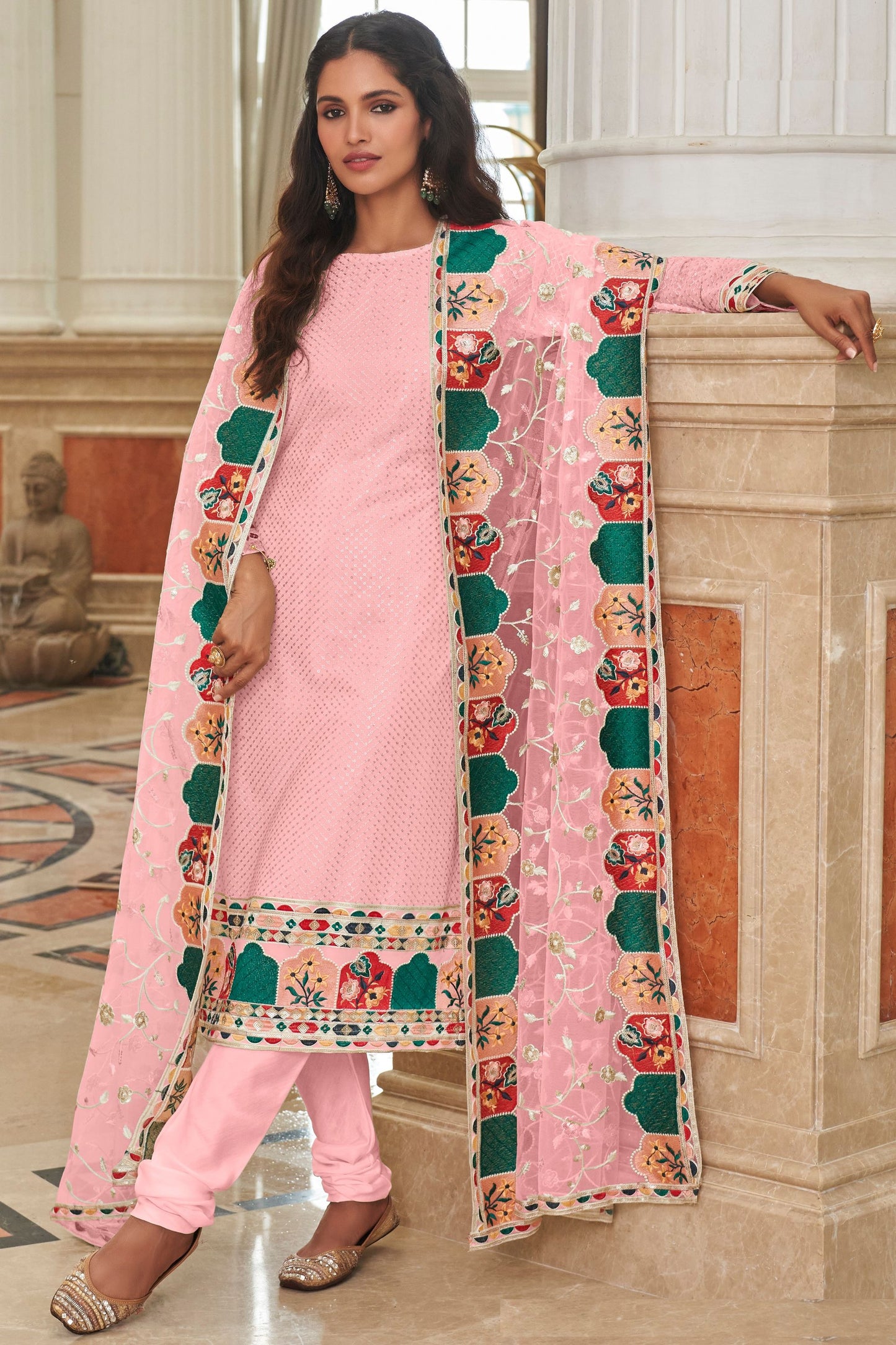 Pink Colored Heavy Georgette Straight Cut Salwar Suits With Embroidery Worked Dupatta - Marriott Fashion