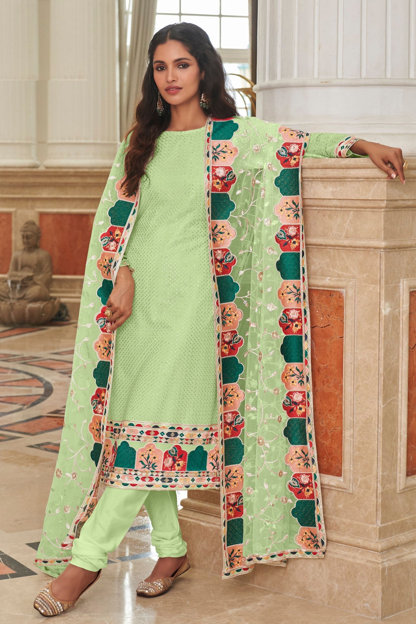 Pista Green Colored Georgette Salwar Kameez With Designer Net Dupatta - Marriott Fashion