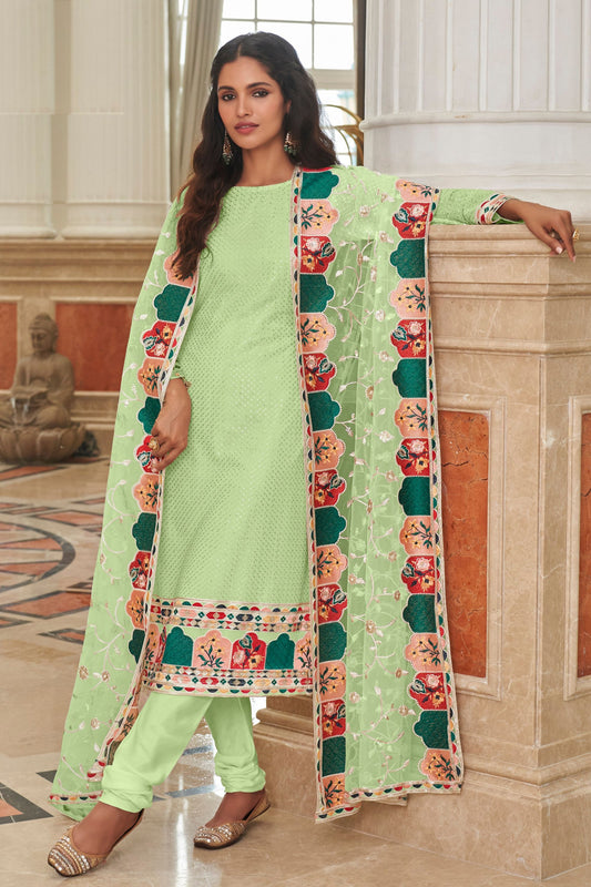 Pista Green Colored Georgette Salwar Kameez With Designer Net Dupatta - Marriott Fashion