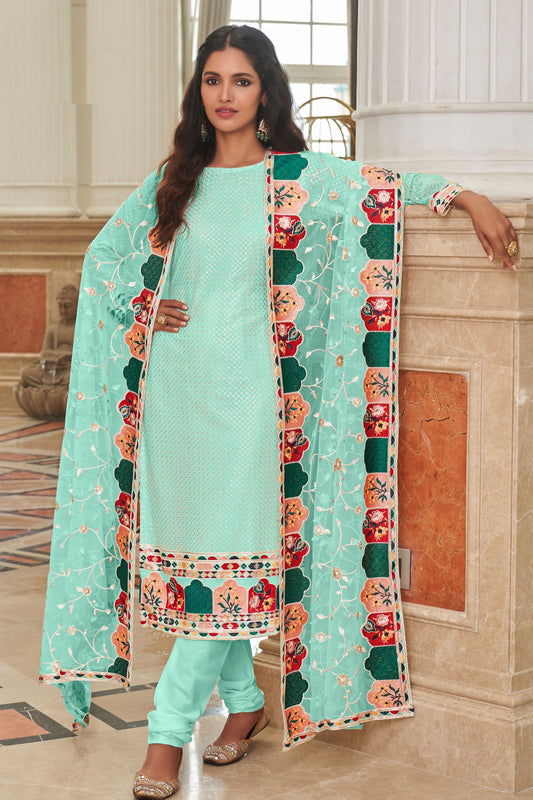 Turquoise Colored Heavy Georgette Salwar Kameez With Beautiful Net Dupatta - Marriott Fashion