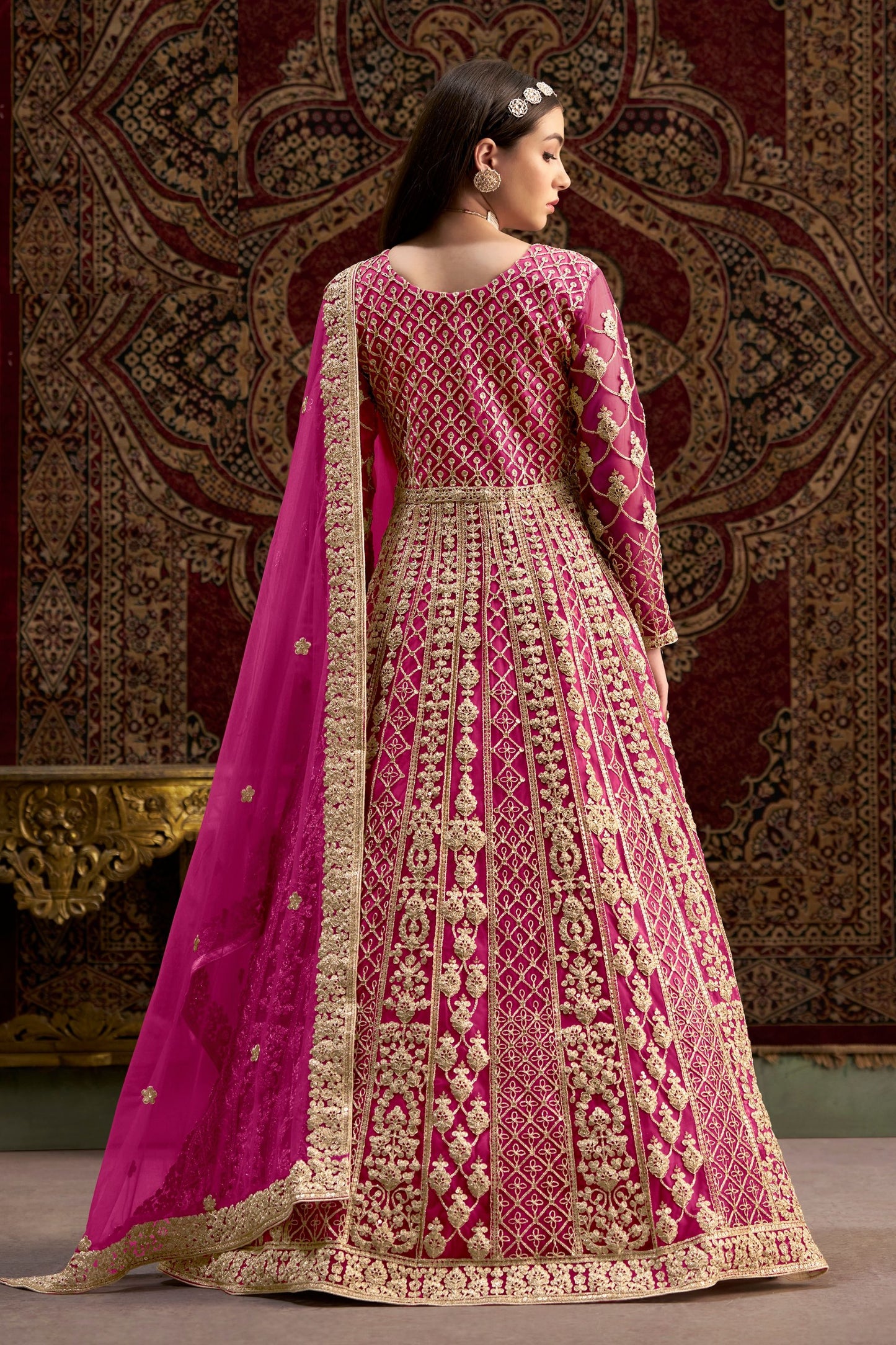 Pink Heavy Net Wonderful Embroidery Worked Pakistani Wedding Wear Anarkali Gown