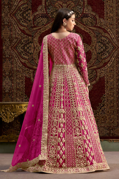 Pink Heavy Net Wonderful Embroidery Worked Pakistani Wedding Wear Anarkali Gown