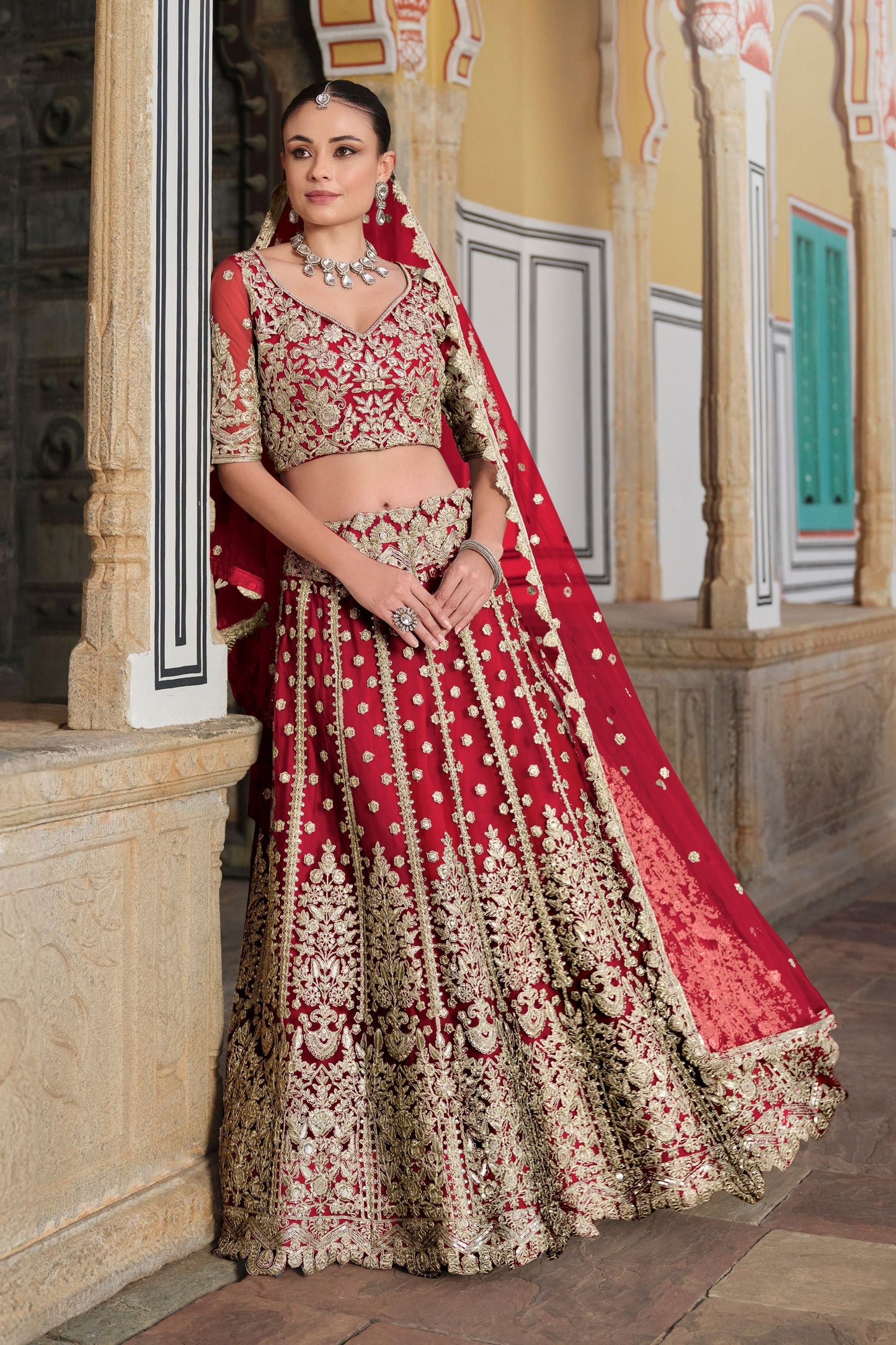 Red Heavy Butterfly Net Embroidery Worked Wedding & Festival Wear Lehenga Choli