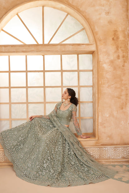 Beautiful Green Colored Heavy Net Lehenga, Un Stitched Blouse With Stone Worked Dupatta, Wedding Function Wear Lehenga Choli - Marriott Fashion