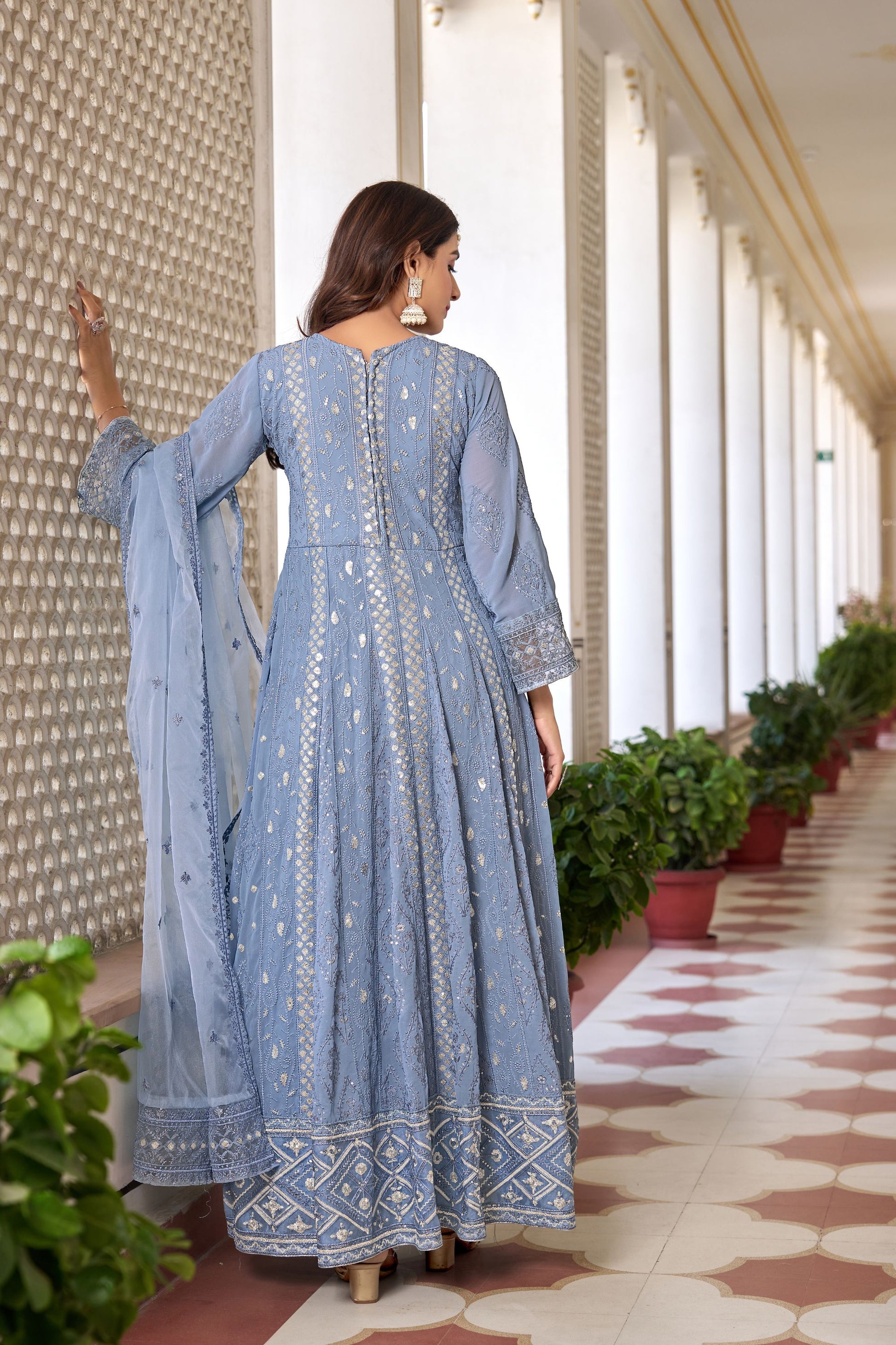 Most Beautiful Blue Georgette Colored Anarkali Gown Suit With Designer Dupatta, Festival Wear Slit Style  Salwar Kameez - Marriott Fashion