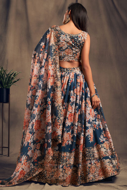 Blue Printed Organza Sequence And Zari Worked Indian Wedding & Festival Wear Lehenga Choli