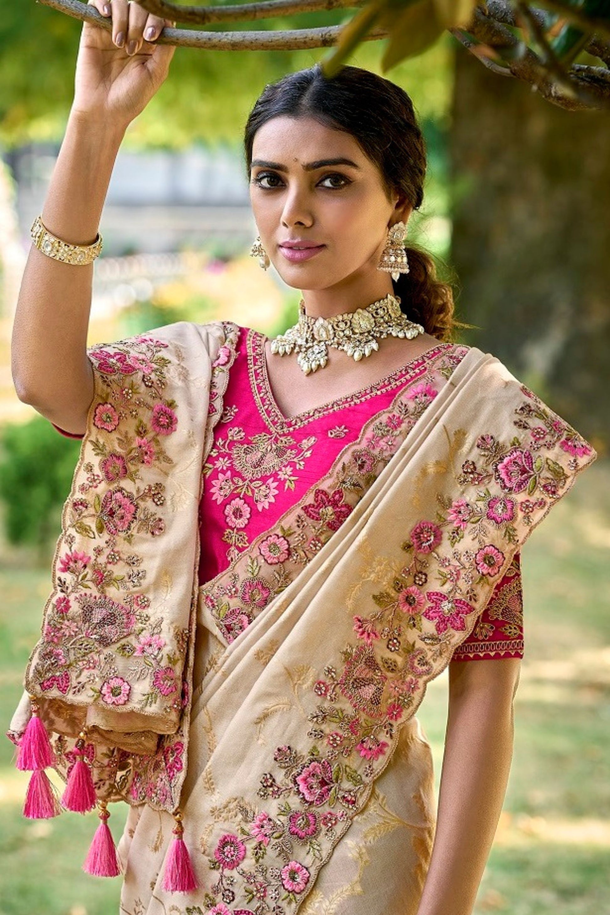 Raw Silk Saree With Pink Wedding & Party Wear Embroidered Blouse Saree - Marriott Fashion