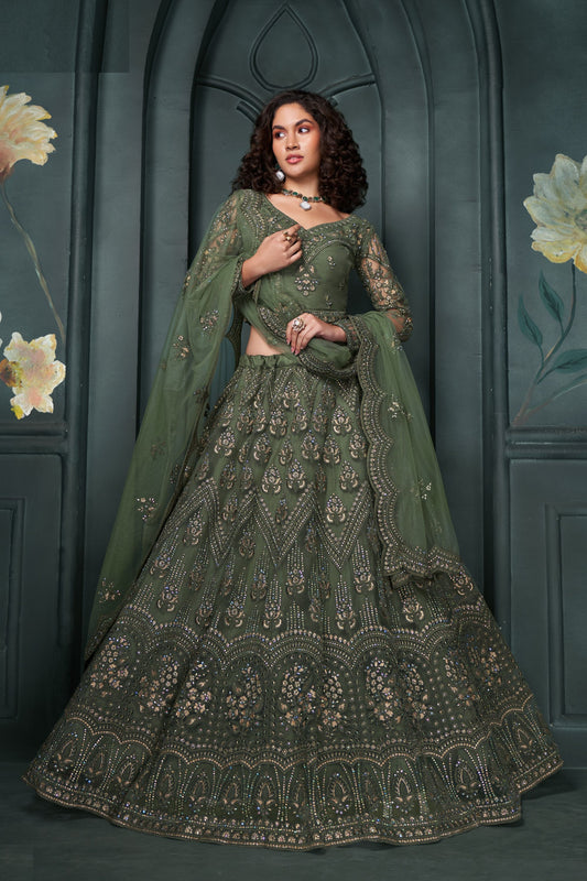 Mehendi Green Heavy Net Lehenga Choli With Stone Worked Dupatta, Beautiful Wedding Function Lehenga Choli For Bridesmaids - Marriott Fashion