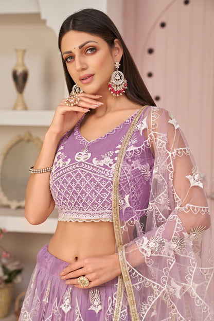 Lavender Butterfly Net Fancy Lehenga Choli With Embroidery Worked Dupatta - Marriott Fashion