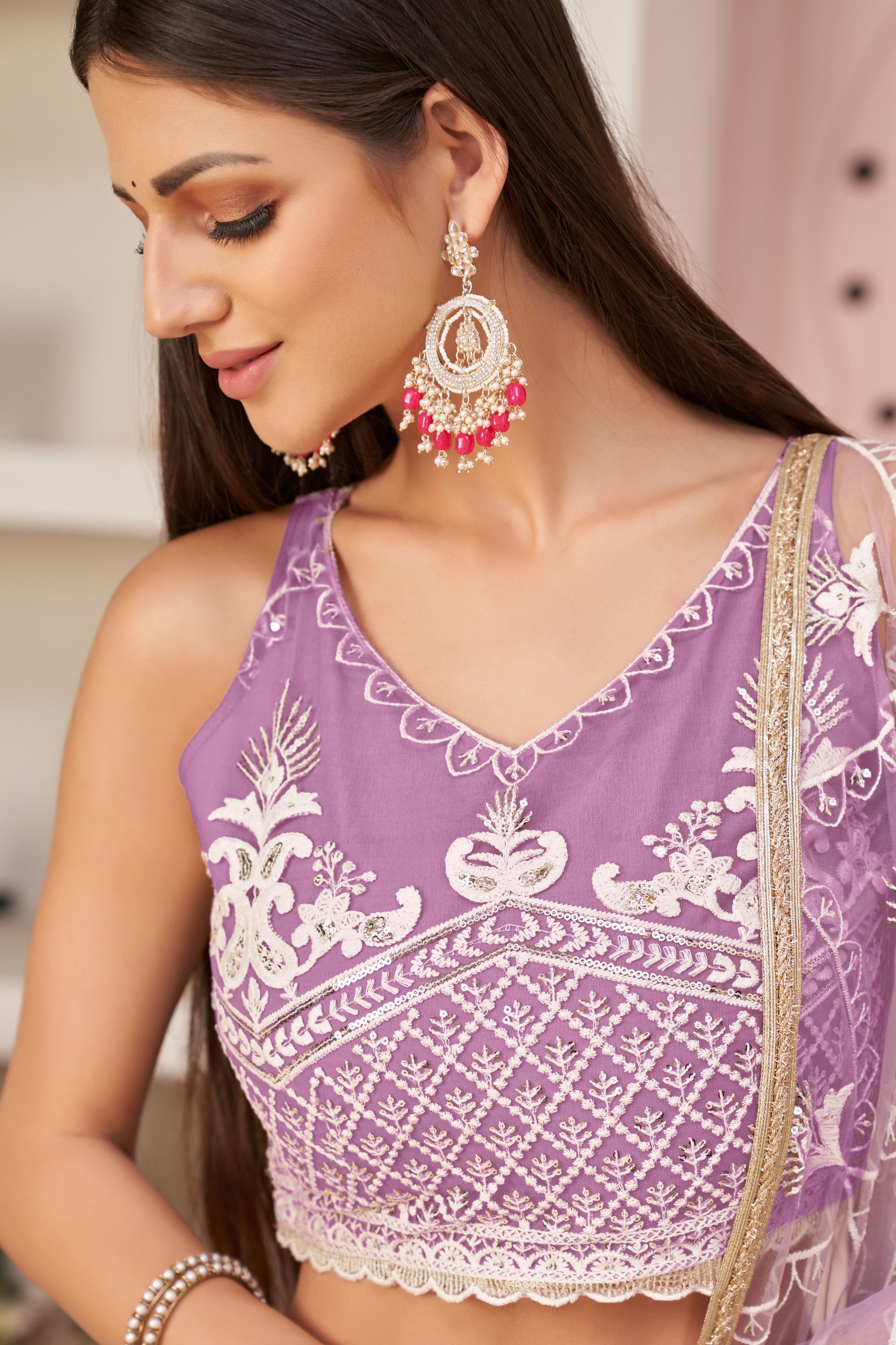 Lavender Butterfly Net Fancy Lehenga Choli With Embroidery Worked Dupatta - Marriott Fashion