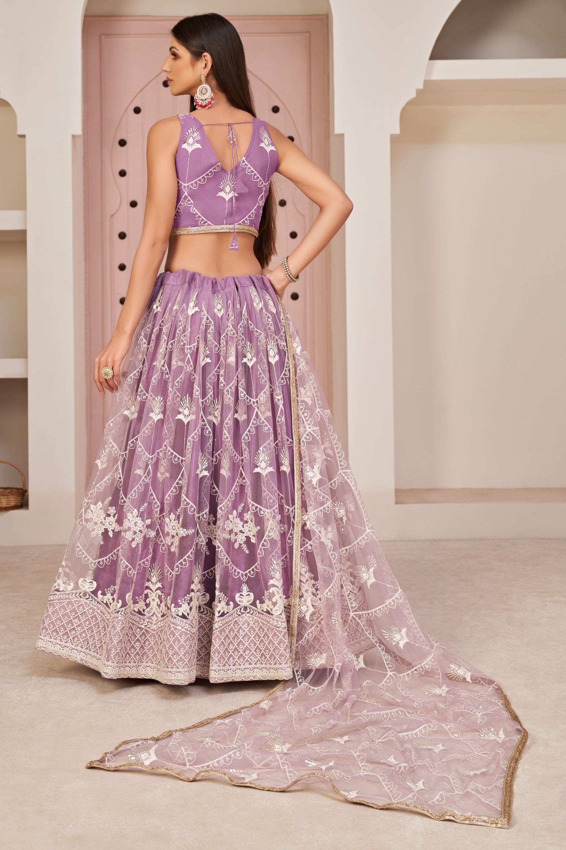 Lavender Butterfly Net Fancy Lehenga Choli With Embroidery Worked Dupatta - Marriott Fashion