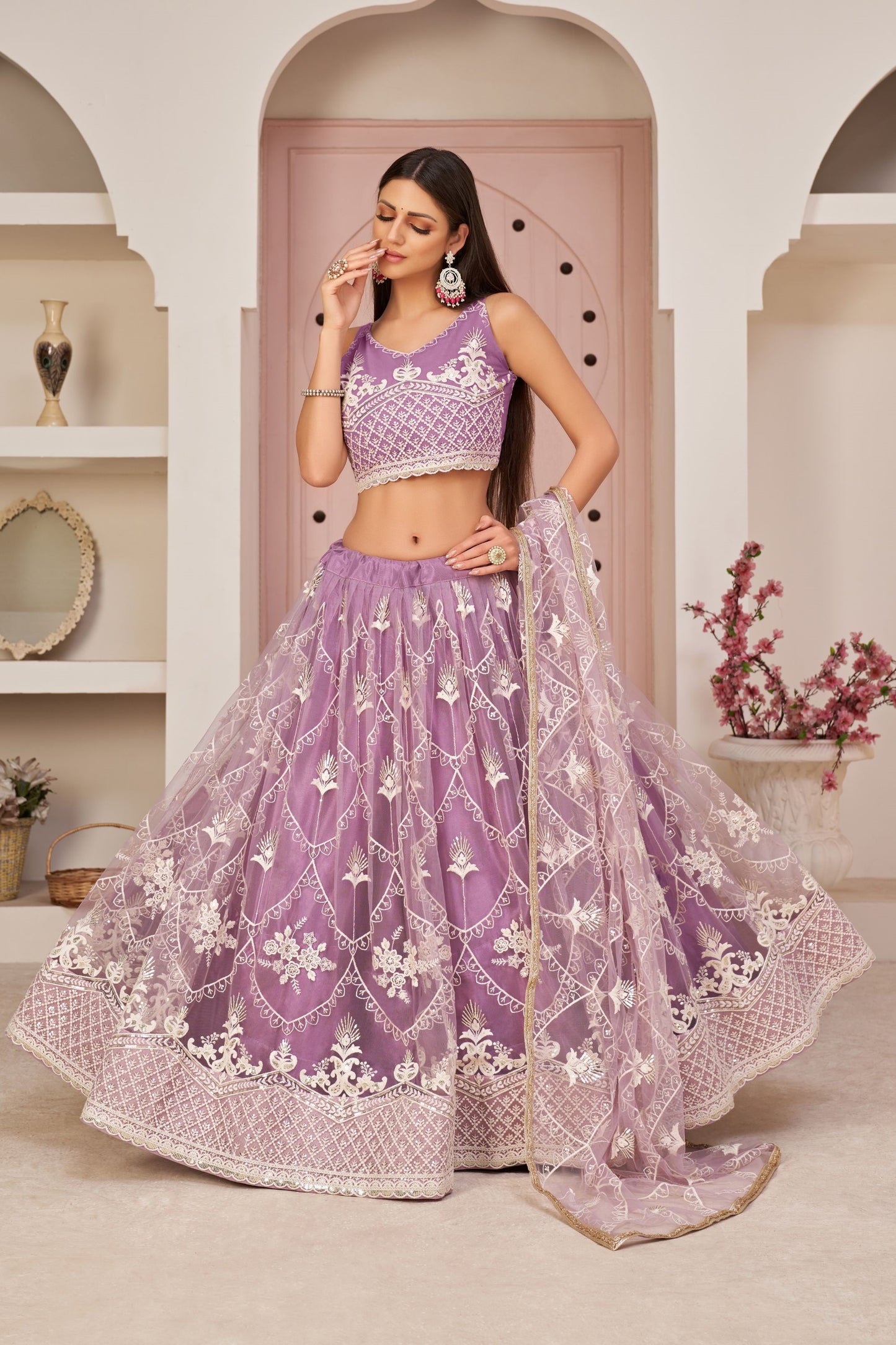 Lavender Butterfly Net Fancy Lehenga Choli With Embroidery Worked Dupatta - Marriott Fashion