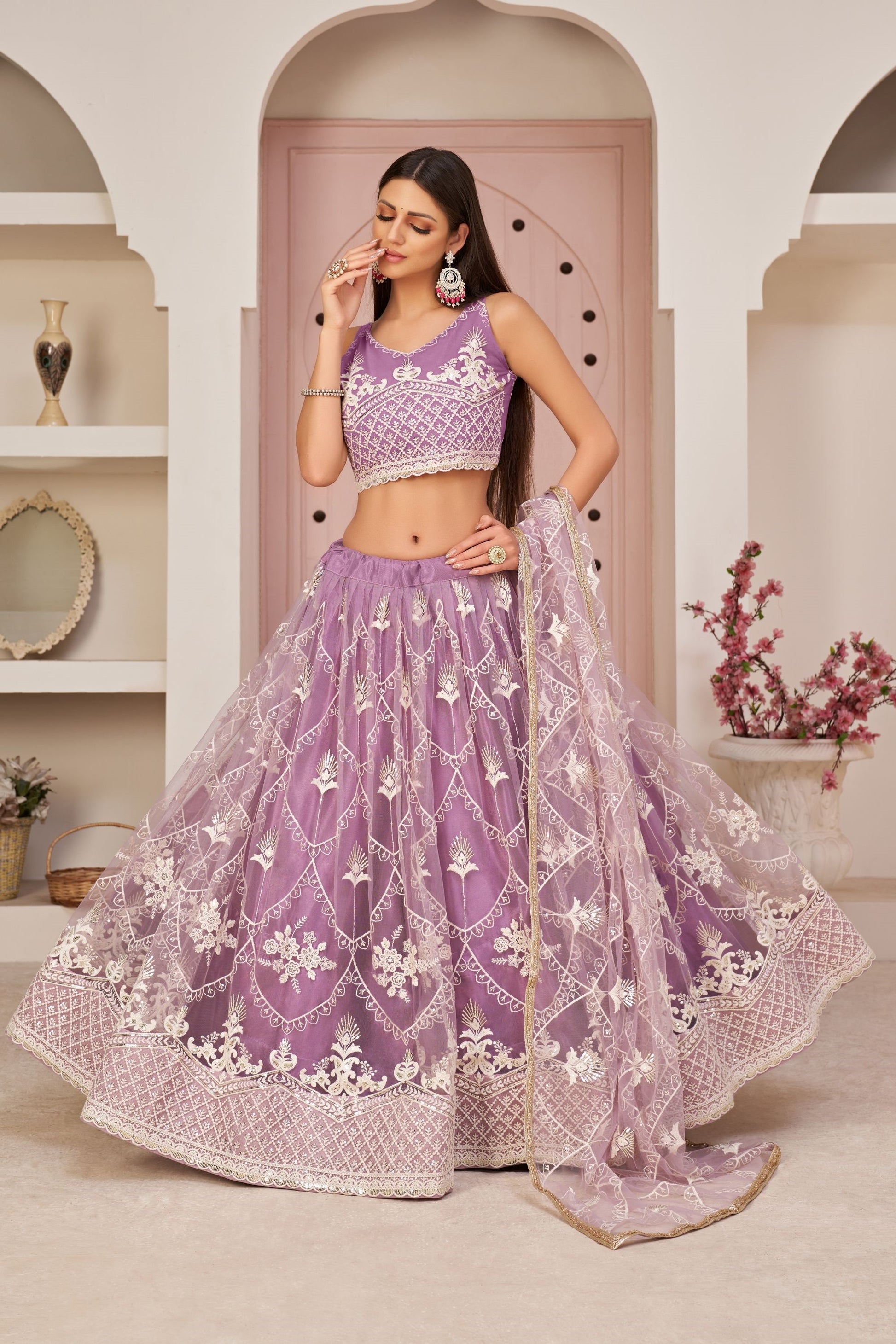 Lavender Butterfly Net Fancy Lehenga Choli With Embroidery Worked Dupatta - Marriott Fashion