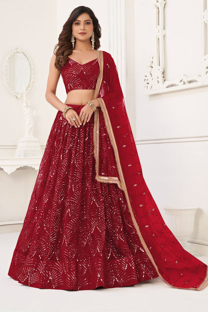 Red Heavy Net Thread &Embroidery Worked Wedding Function Wear Lehenga Choli