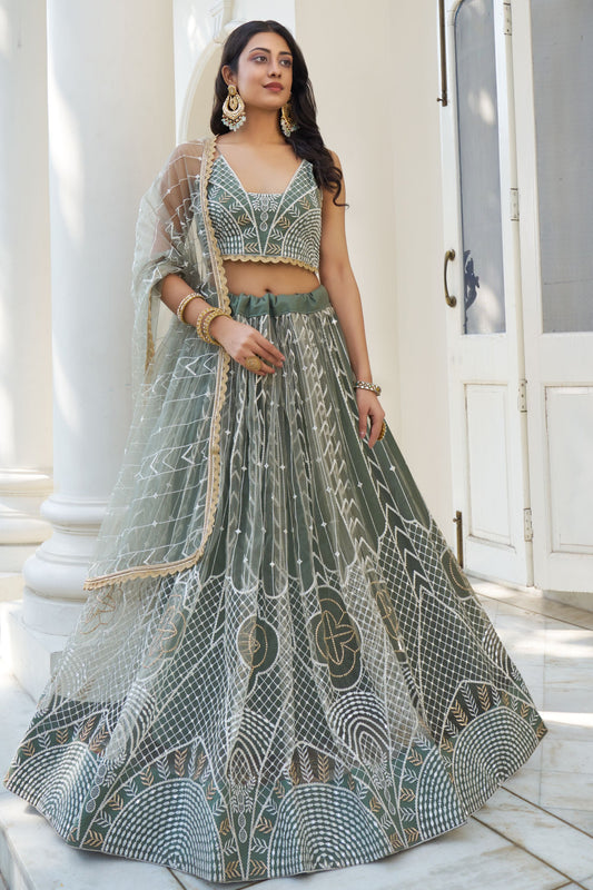 Dusty Green Butterfly Net Lehenga Choli For Indian Wedding & Festival Wear Outfit Embroidery& Lace Worked Dupatta - Marriott Fashion