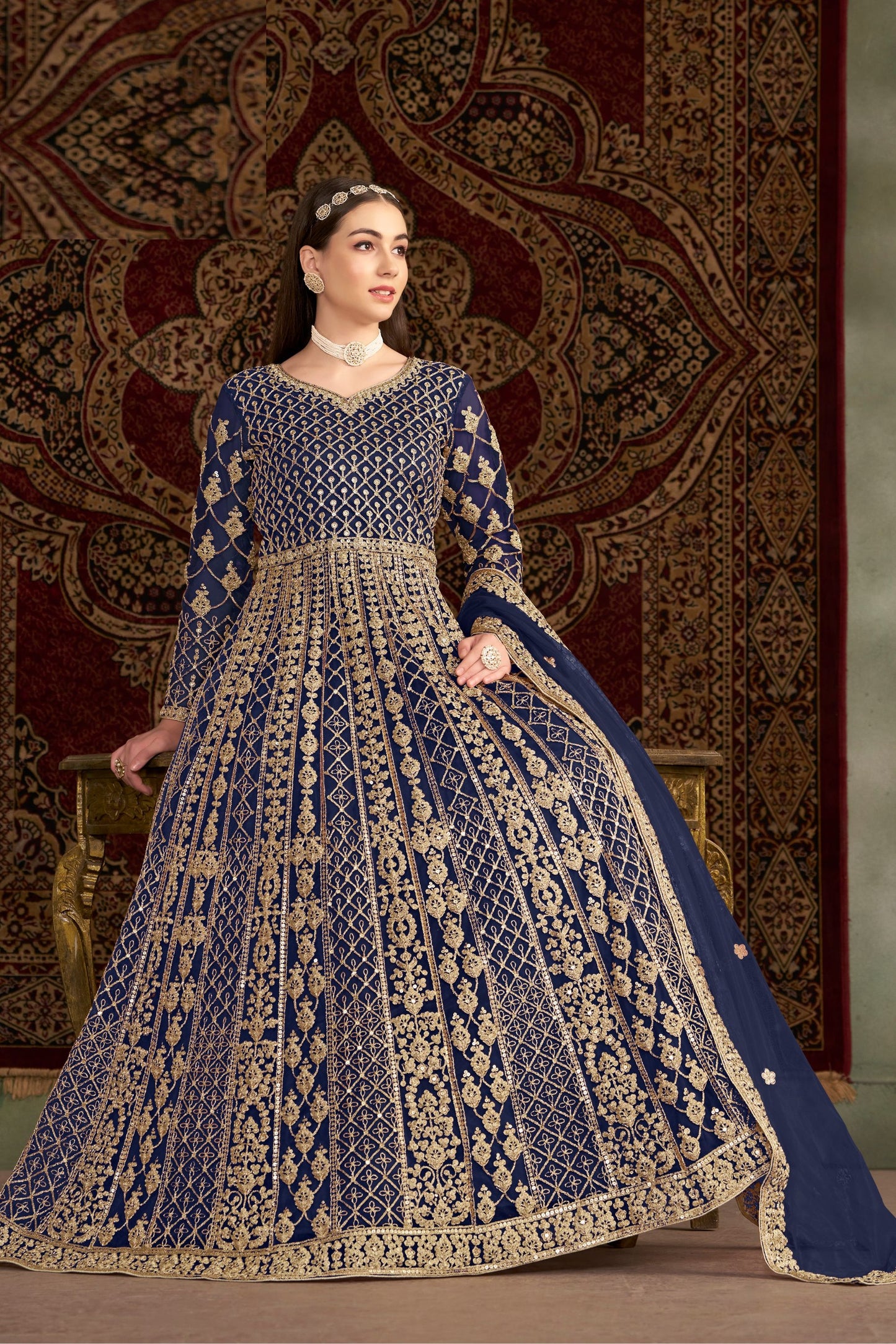 Blue Designer Heavy Net Wonderful Embroidery Worked Pakistani Wedding Wear Anarkali Gown