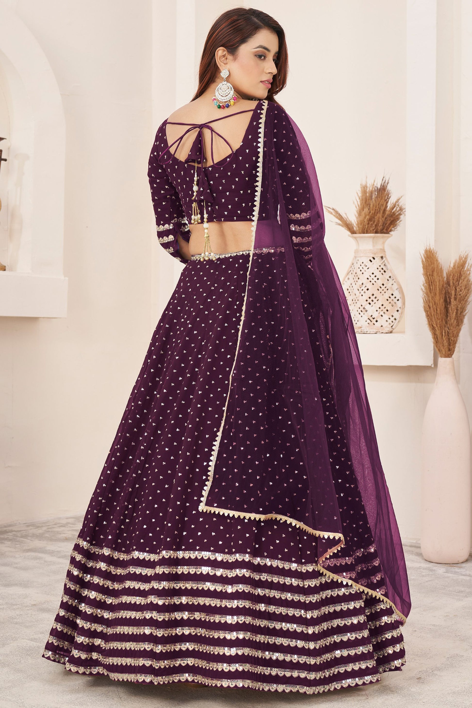 Attractive Wine Colored Heavy Georgette Lehenga, Designer Blouse Piece With Soft Net Dupatta - Marriott Fashion