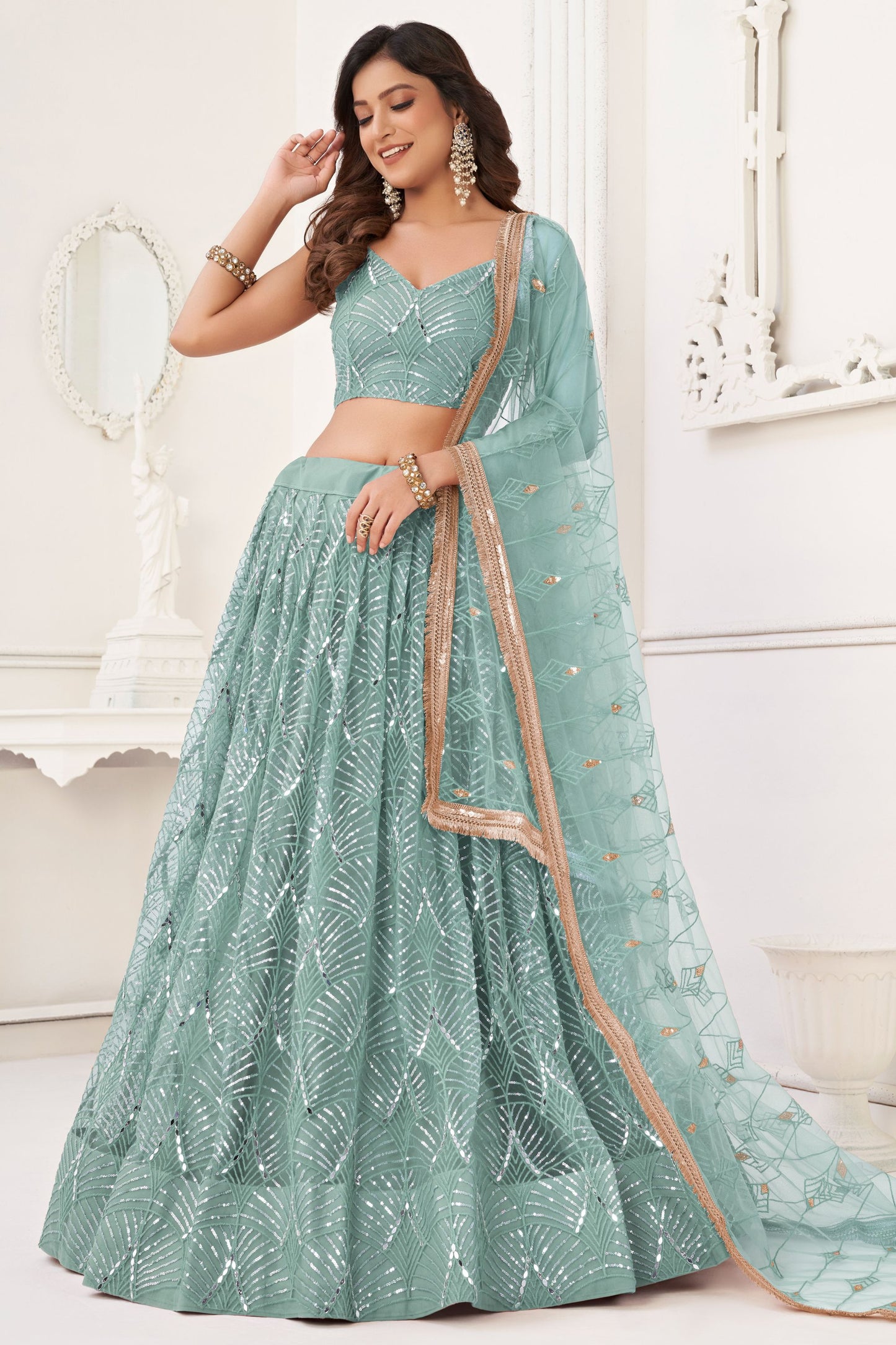 Sea Green Net Lehenga Choli With Embroidery & Sequence Worked Laced Dupatta, Indian Function Wear Trendy Lehenga Choli - Marriott Fashion