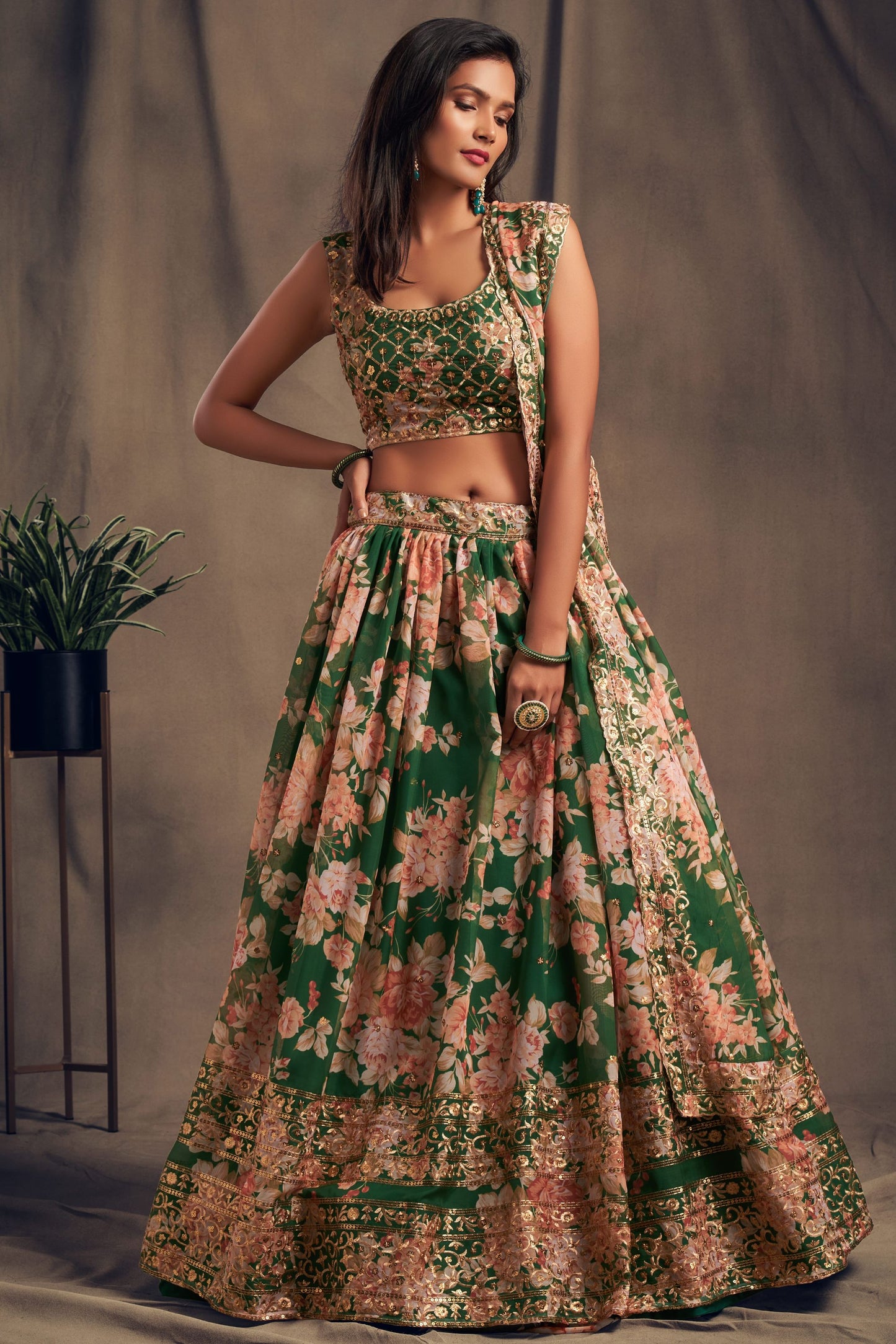 Green Printed Organza Sequence And Zari Worked Indian Wedding & Festival Wear Lehenga Choli