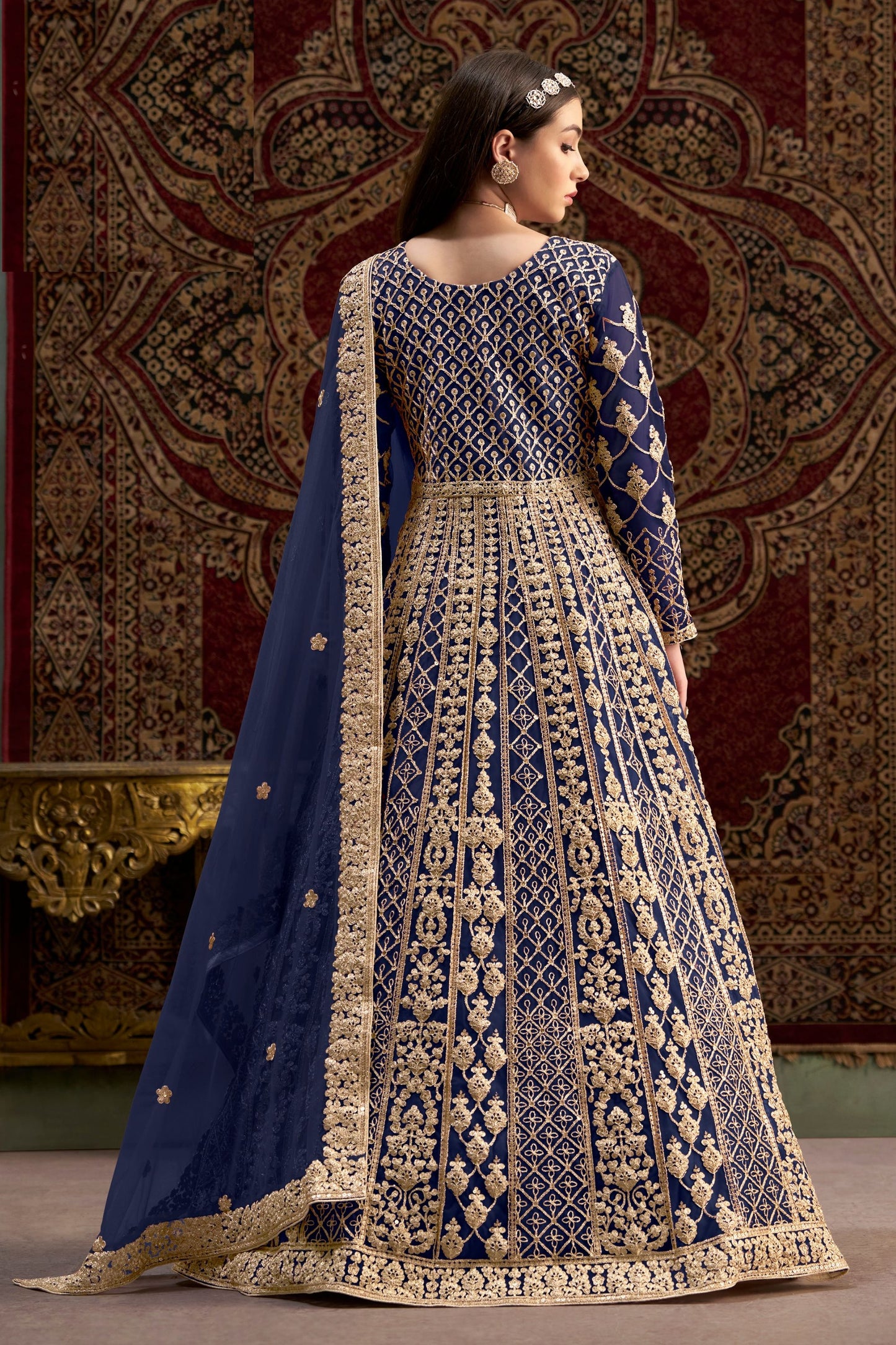 Blue Designer Heavy Net Wonderful Embroidery Worked Pakistani Wedding Wear Anarkali Gown