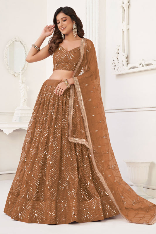 Brown Heavy Net Thread &Embroidery Worked Wedding Function Wear Lehenga Choli