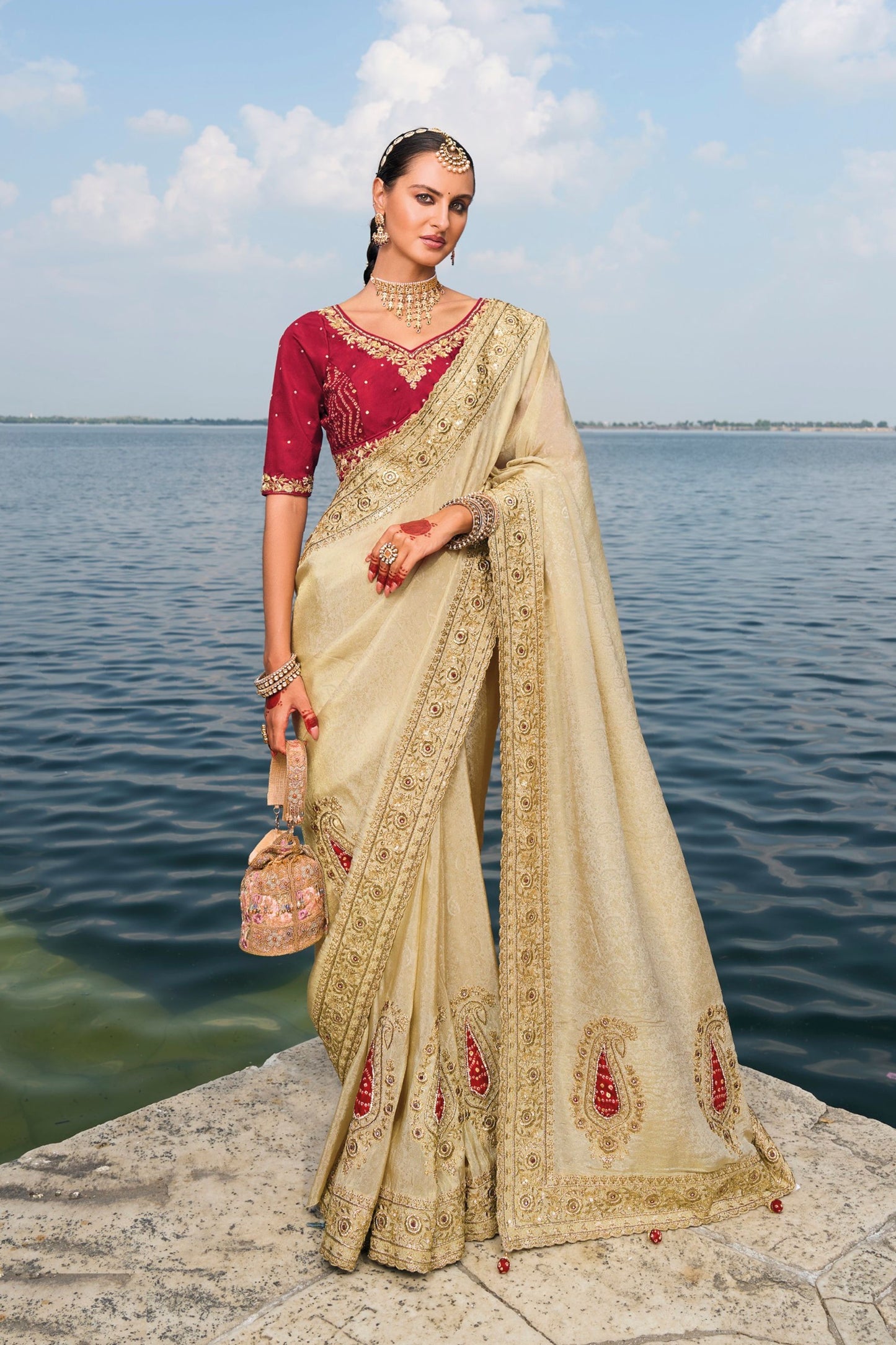 Beautiful Cream Pure Crape Jacquard Zari And Mirror Worked Indian Wedding & Festival Wear Saree