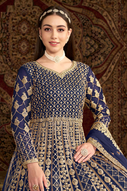 Blue Designer Heavy Net Wonderful Embroidery Worked Pakistani Wedding Wear Anarkali Gown