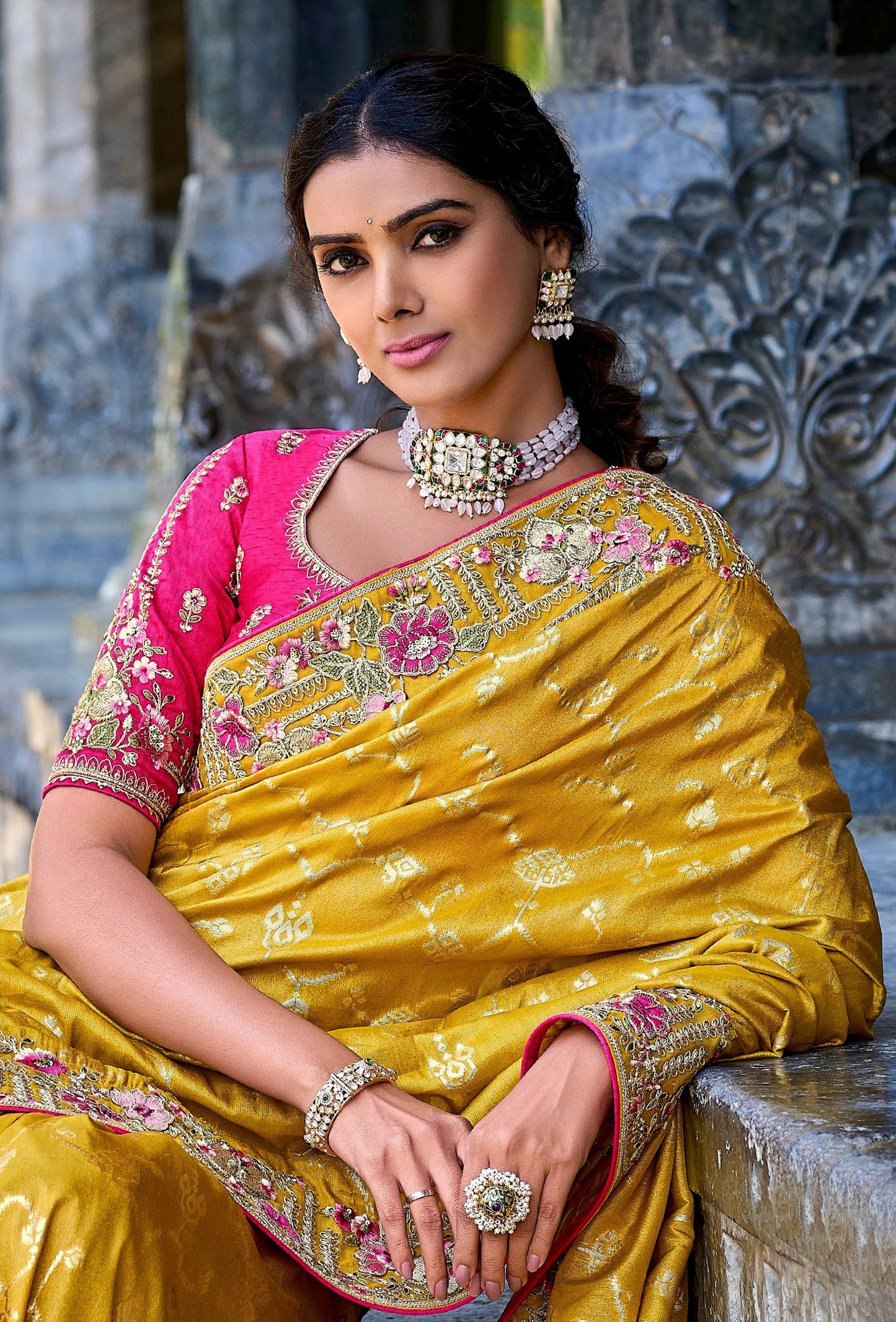 Yellow Heavy Silk Saree With Designer Blouse , Indian Wedding & Function Wear Saree For Women - Marriott Fashion