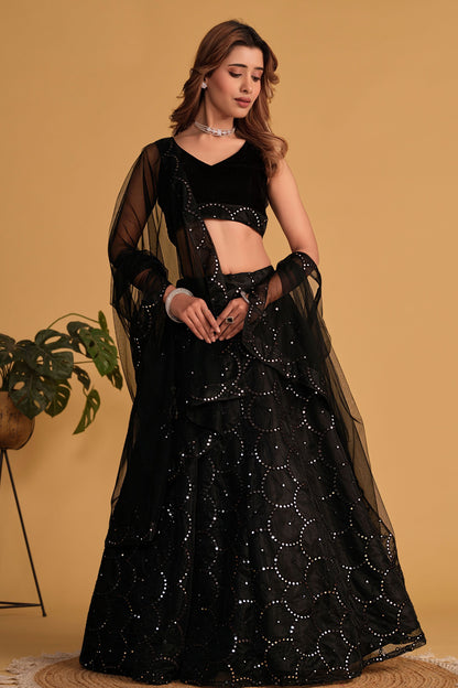 Black Colored Heavy Organza Net Lehenga Choli With Designer Dupatta, Function Wear Sequence Worked Lehenga Choli - Marriott Fashion