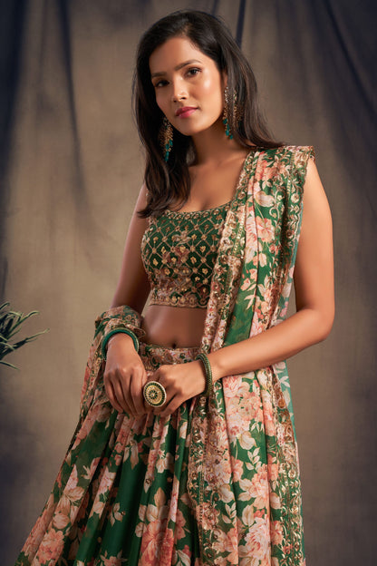 Green Printed Organza Sequence And Zari Worked Indian Wedding & Festival Wear Lehenga Choli