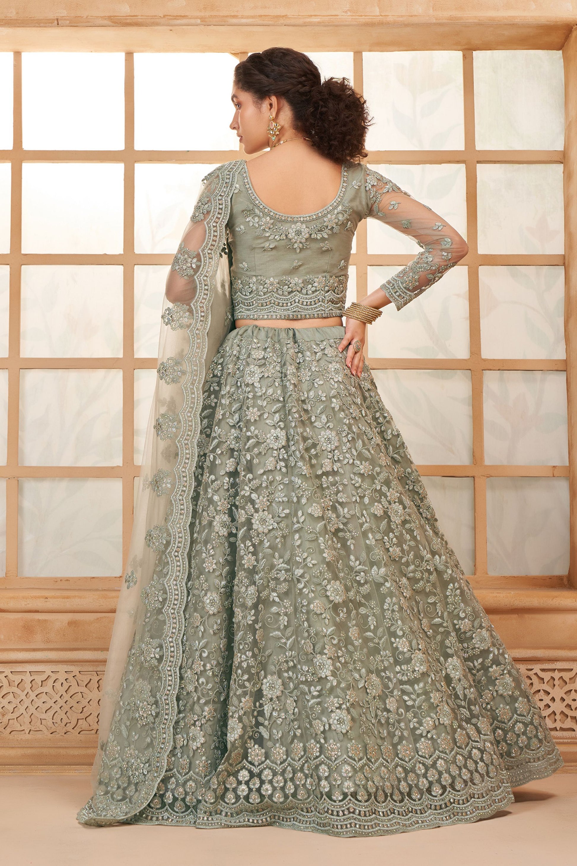 Beautiful Green Colored Heavy Net Lehenga, Un Stitched Blouse With Stone Worked Dupatta, Wedding Function Wear Lehenga Choli - Marriott Fashion