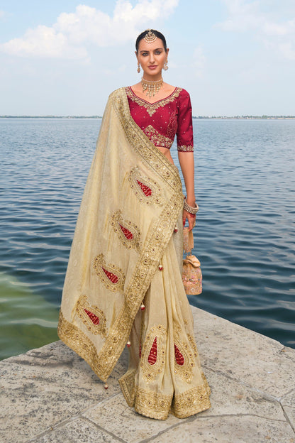 Beautiful Cream Pure Crape Jacquard Zari And Mirror Worked Indian Wedding & Festival Wear Saree