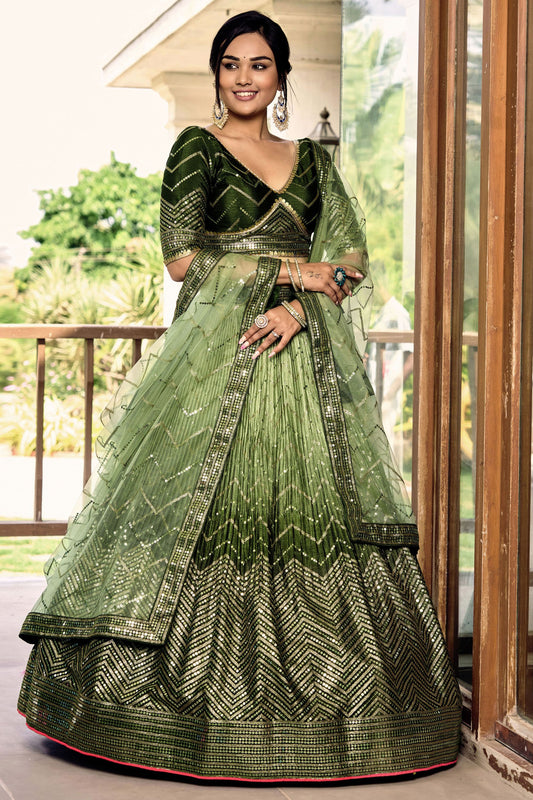 Green Colored Heavy Chinon Lehenga With Net Dupatta, Mehendi Function Wear Beautiful Lehenga choli - Marriott Fashion