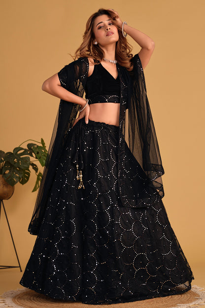 Black Colored Heavy Organza Net Lehenga Choli With Designer Dupatta, Function Wear Sequence Worked Lehenga Choli - Marriott Fashion