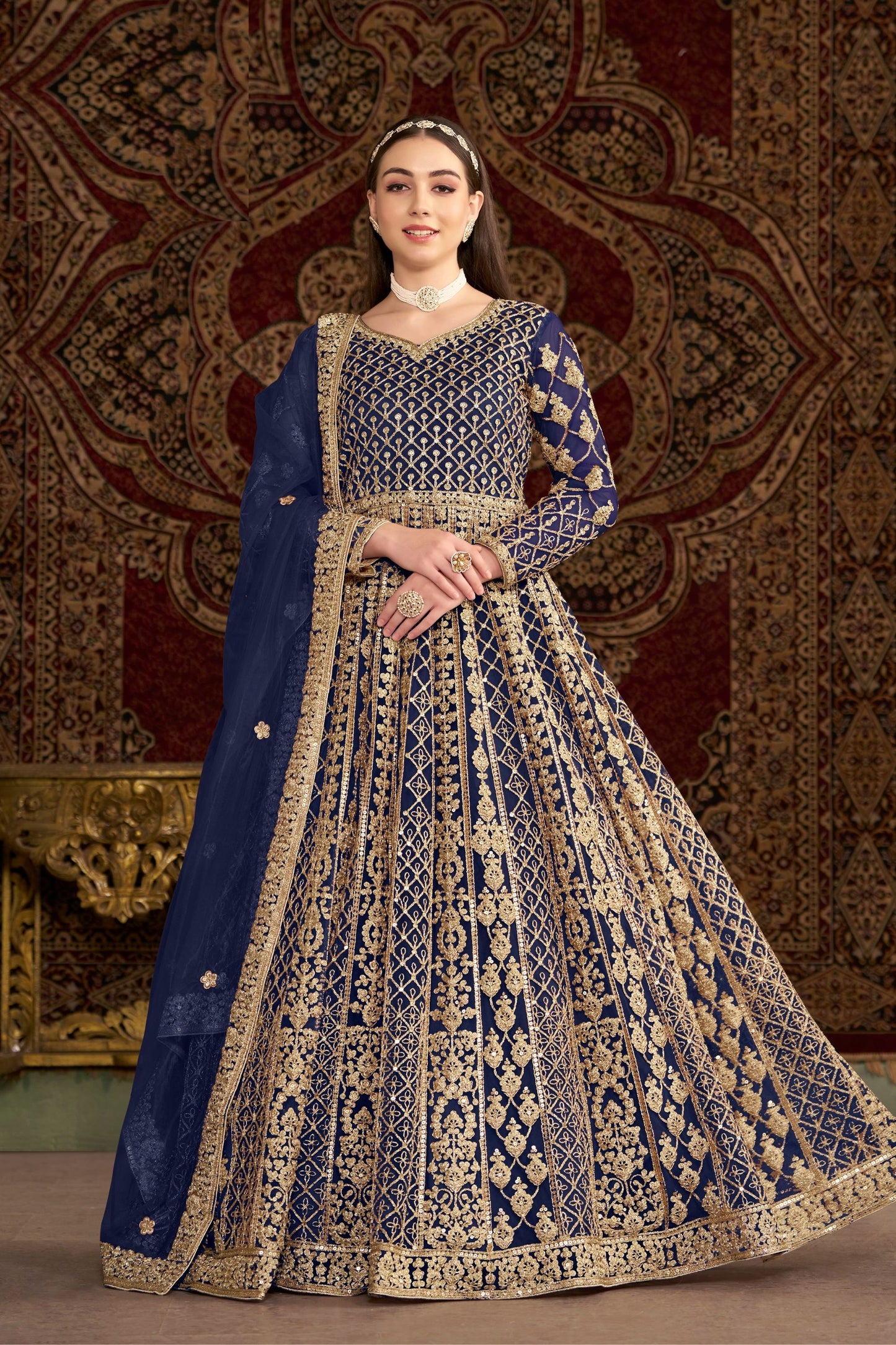 Blue Designer Heavy Net Wonderful Embroidery Worked Pakistani Wedding Wear Anarkali Gown