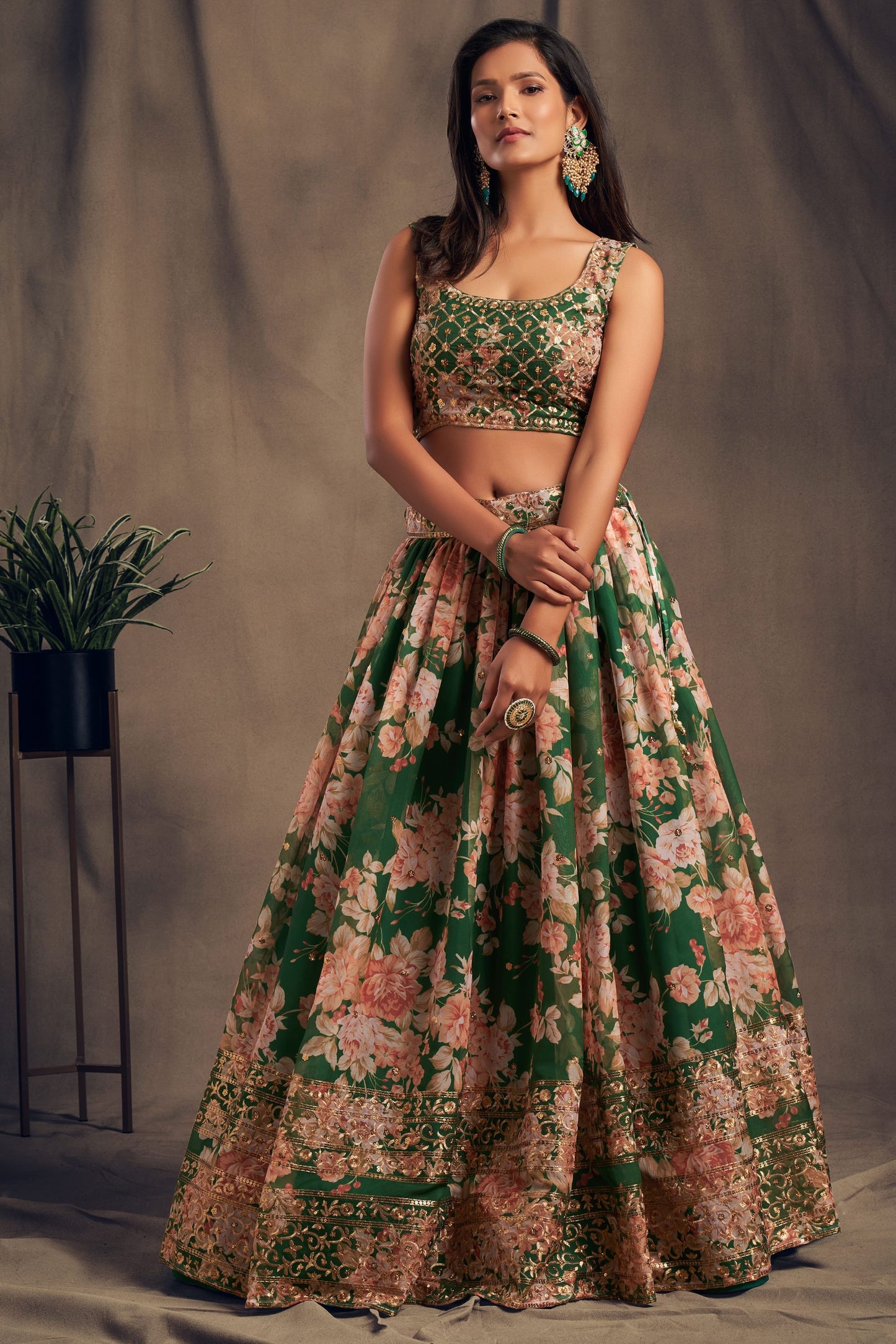 Green Printed Organza Sequence And Zari Worked Indian Wedding & Festival Wear Lehenga Choli